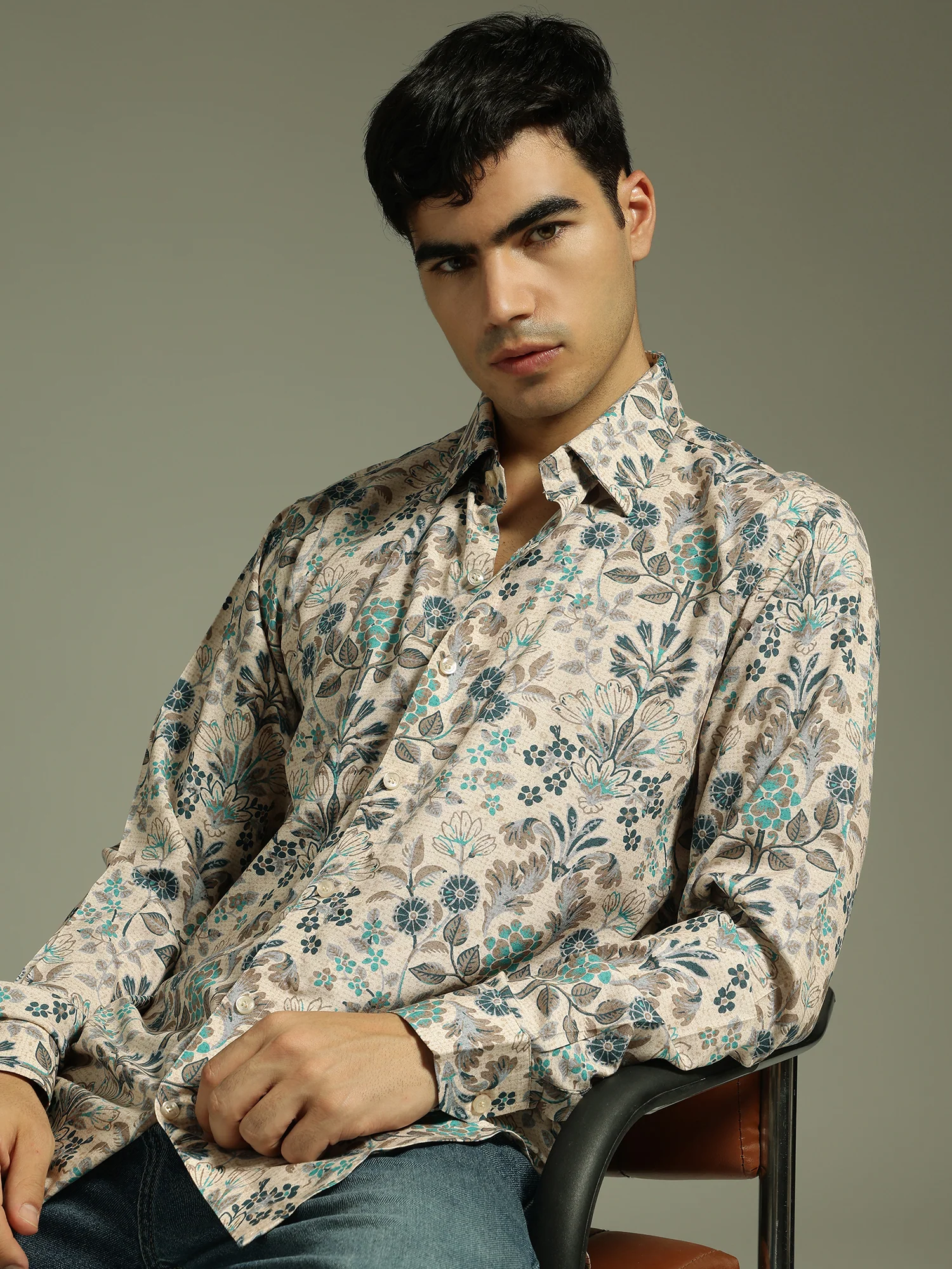 Beige: Full Sleeves Floral Printed Shirt