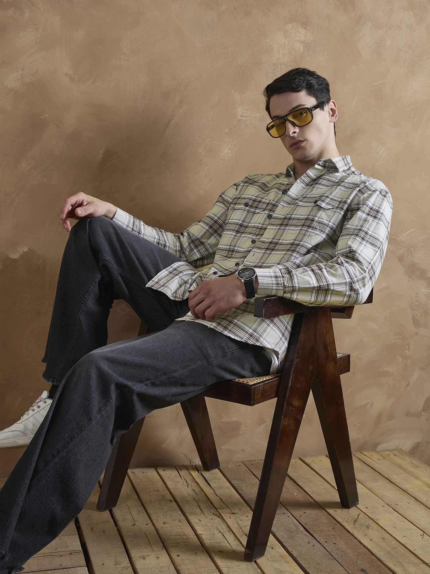 Cream & Brown: Full Sleeves Double Pocket Checkered Shirt