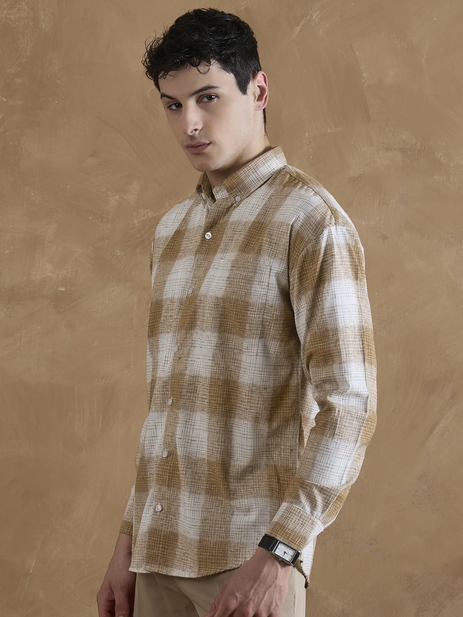 Light Brown & White: Full Sleeves Check Shirt