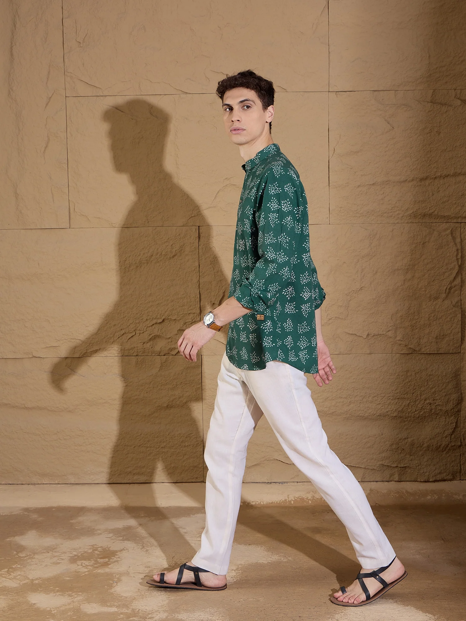 Green and White:Full Sleeves Block Printed Floral Kurta
