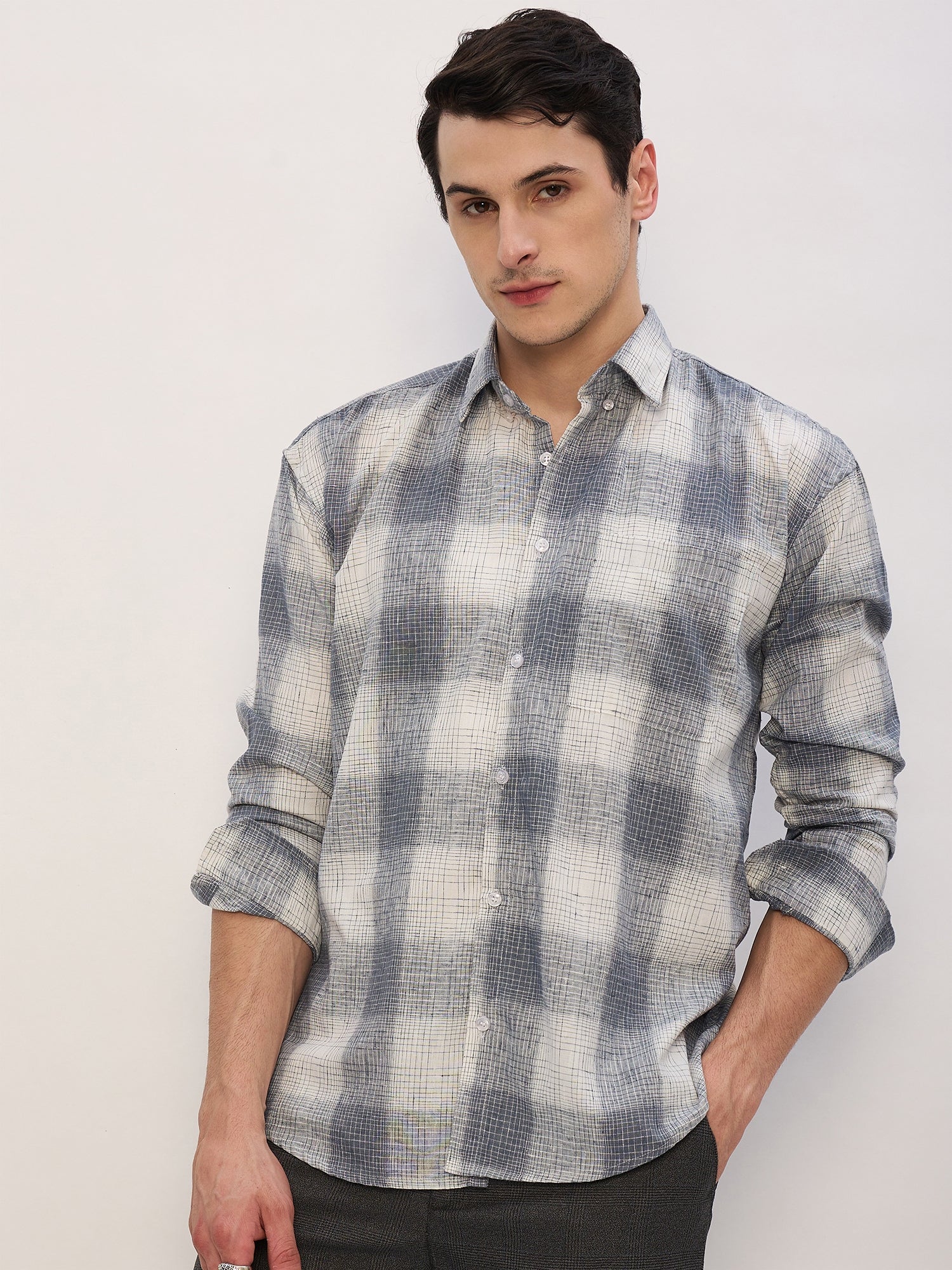 Grey & White: Full Sleeves Checkered Shirt