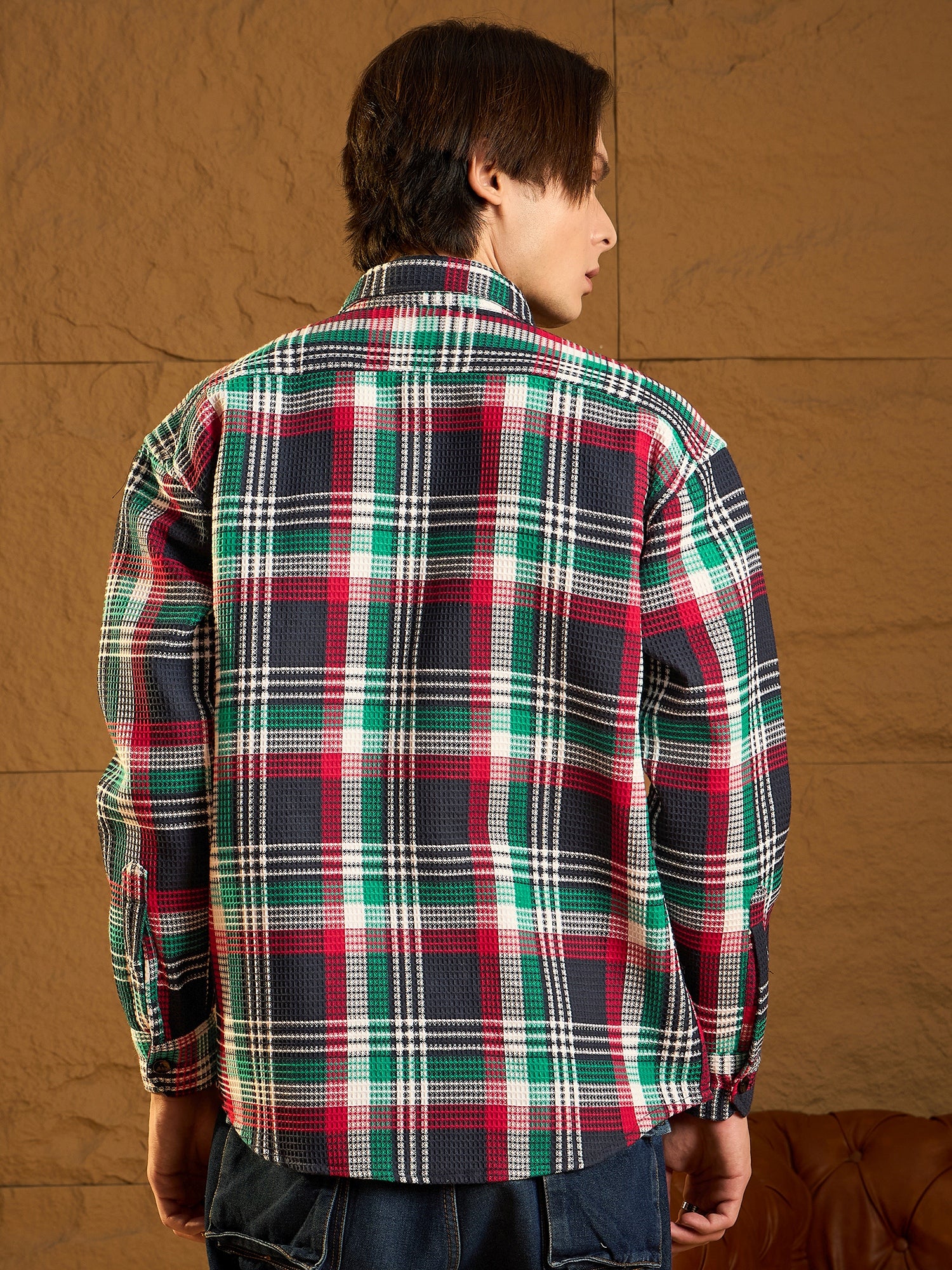 Green Cotton Checked Drop Shoulder Shacket