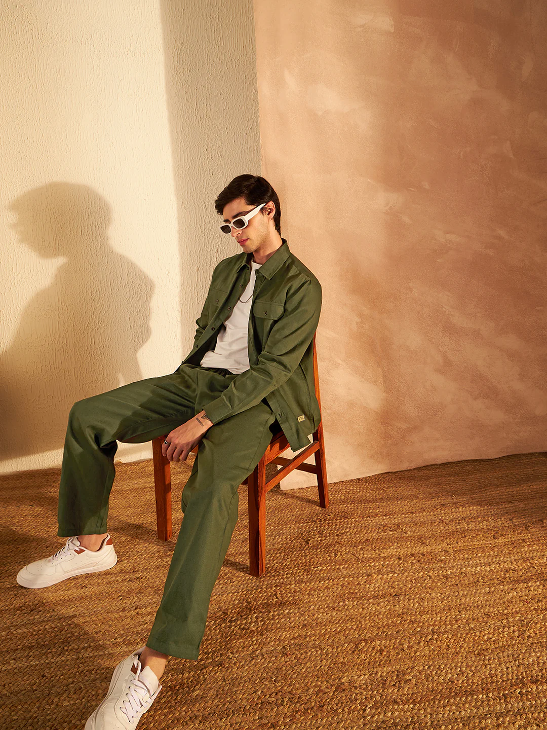 DENNISON Men Olive Coord Set | Solid Shirt With Straight Fit Pant
