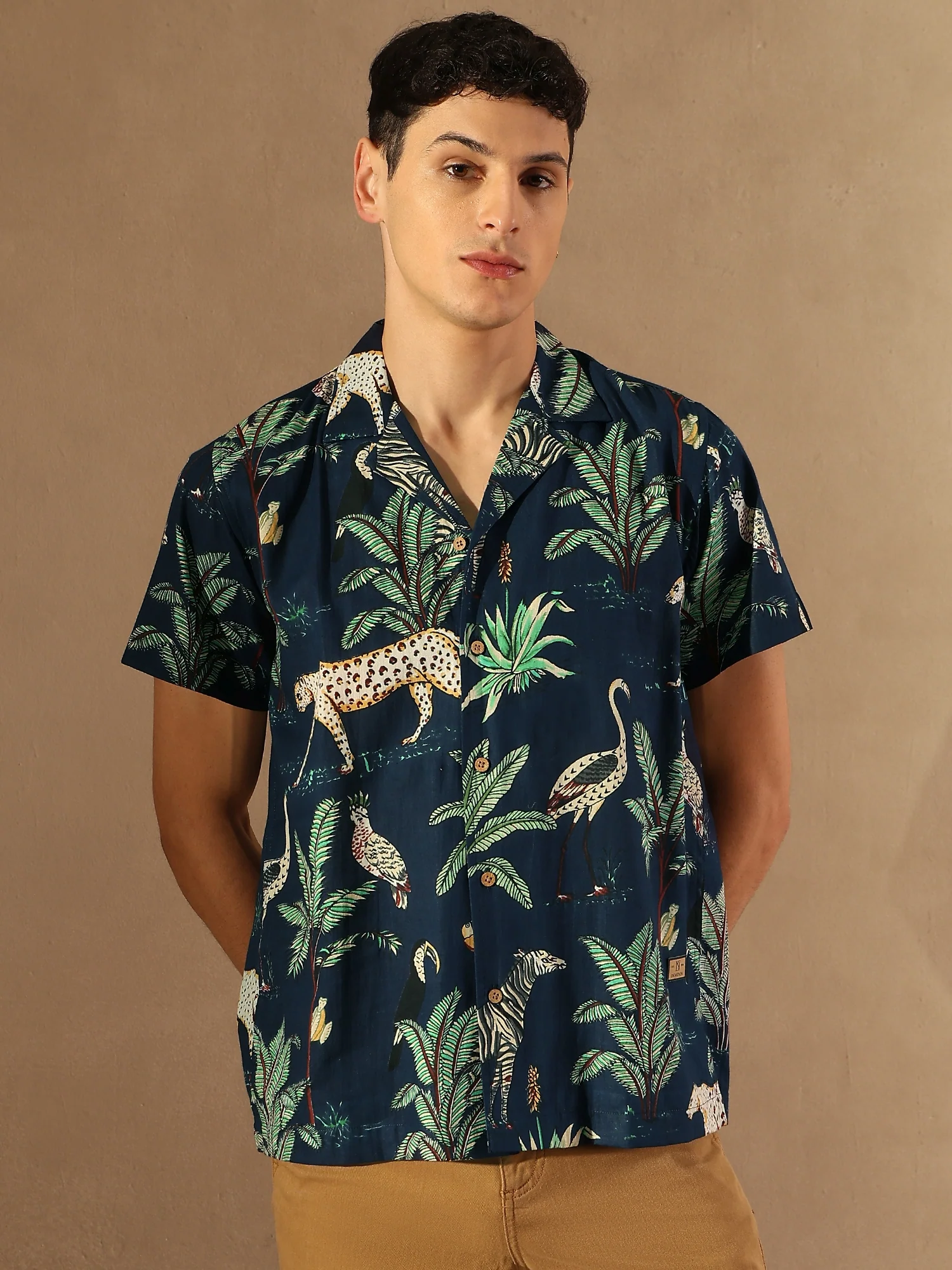 Navy Blue: Half Sleeves Block Printed Shirt