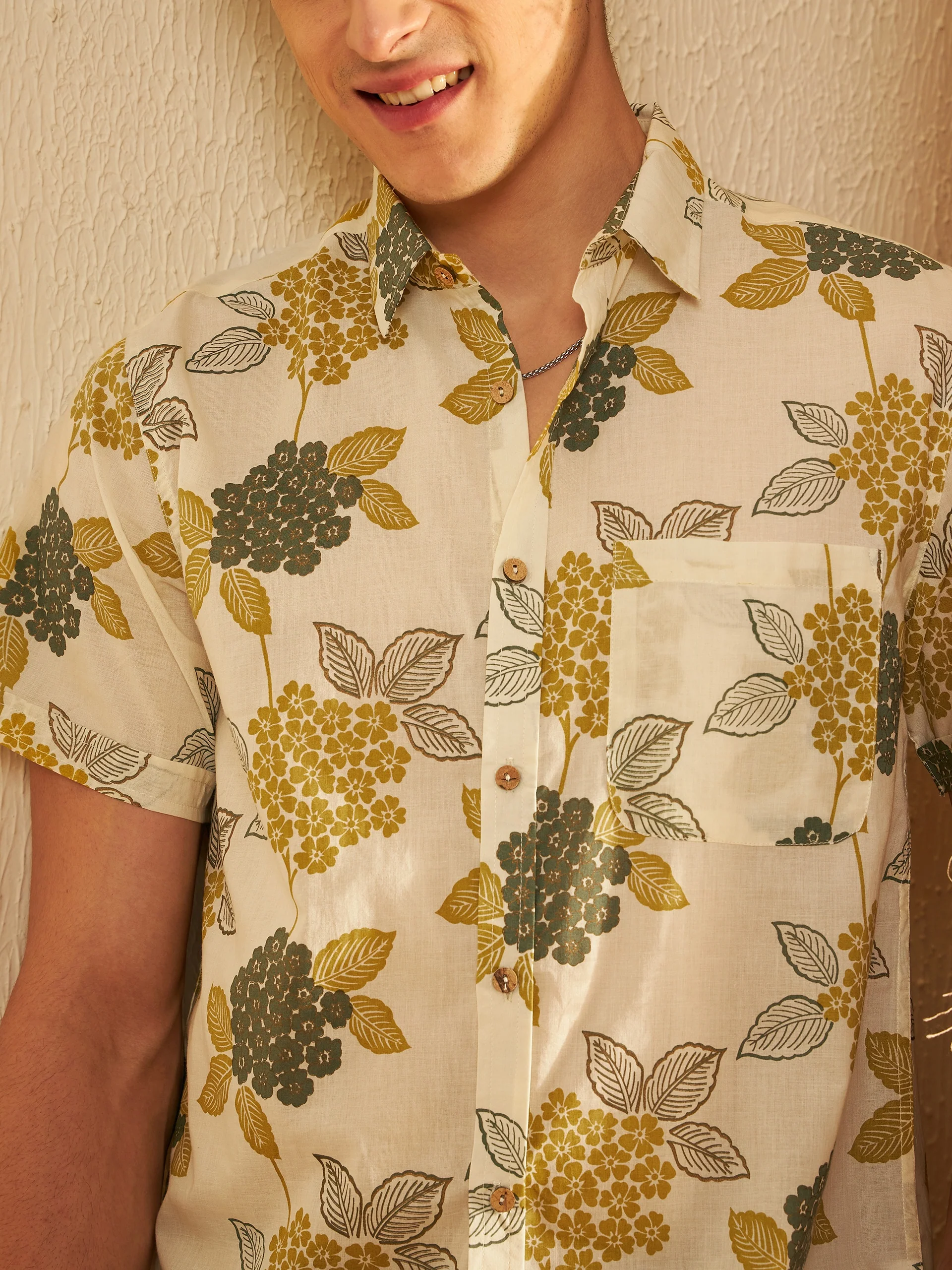 Cream: Half Sleeves Block Printed Shirt