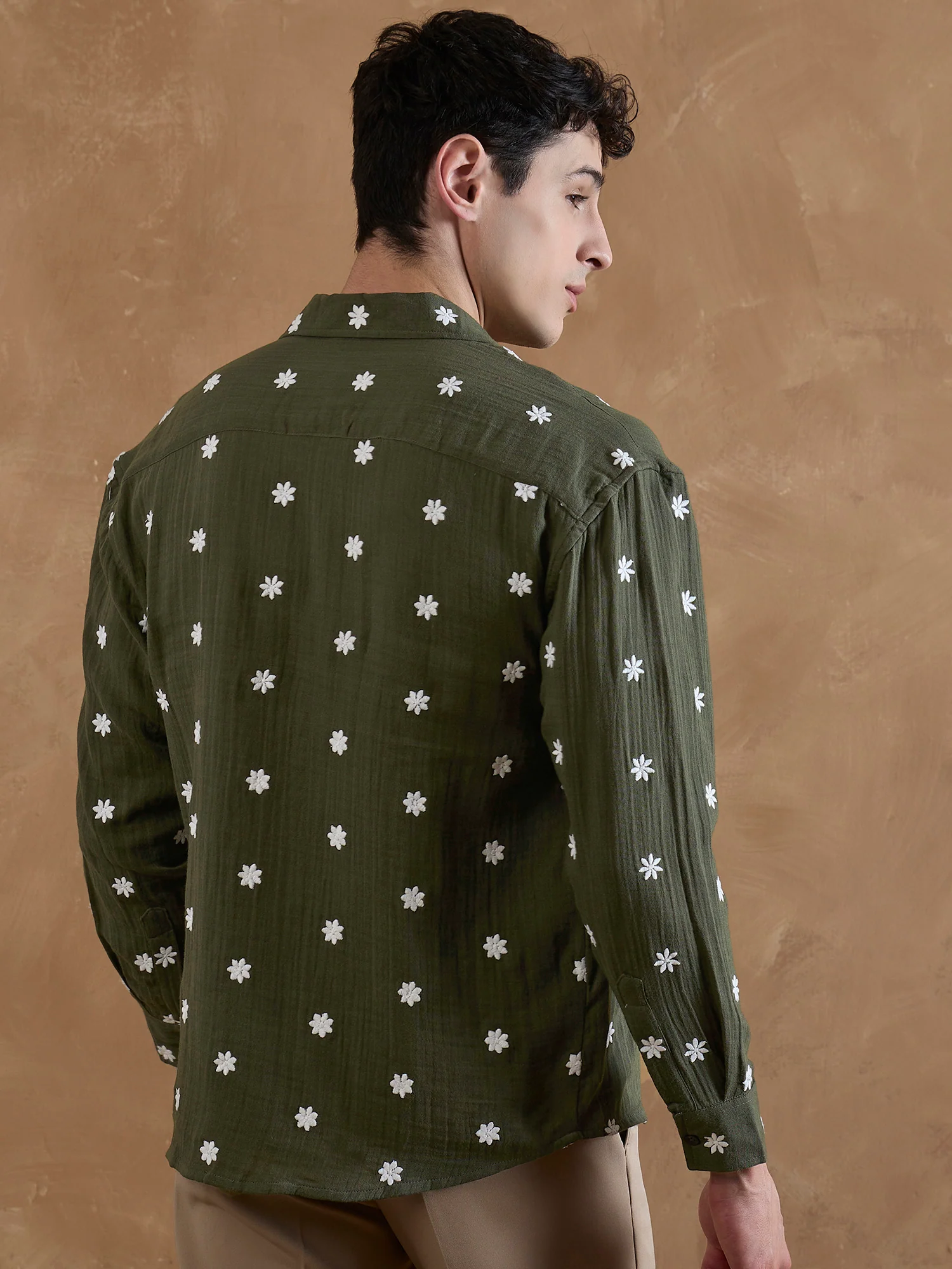 Olive:Full Sleeves Muslin Embroidered Shirt