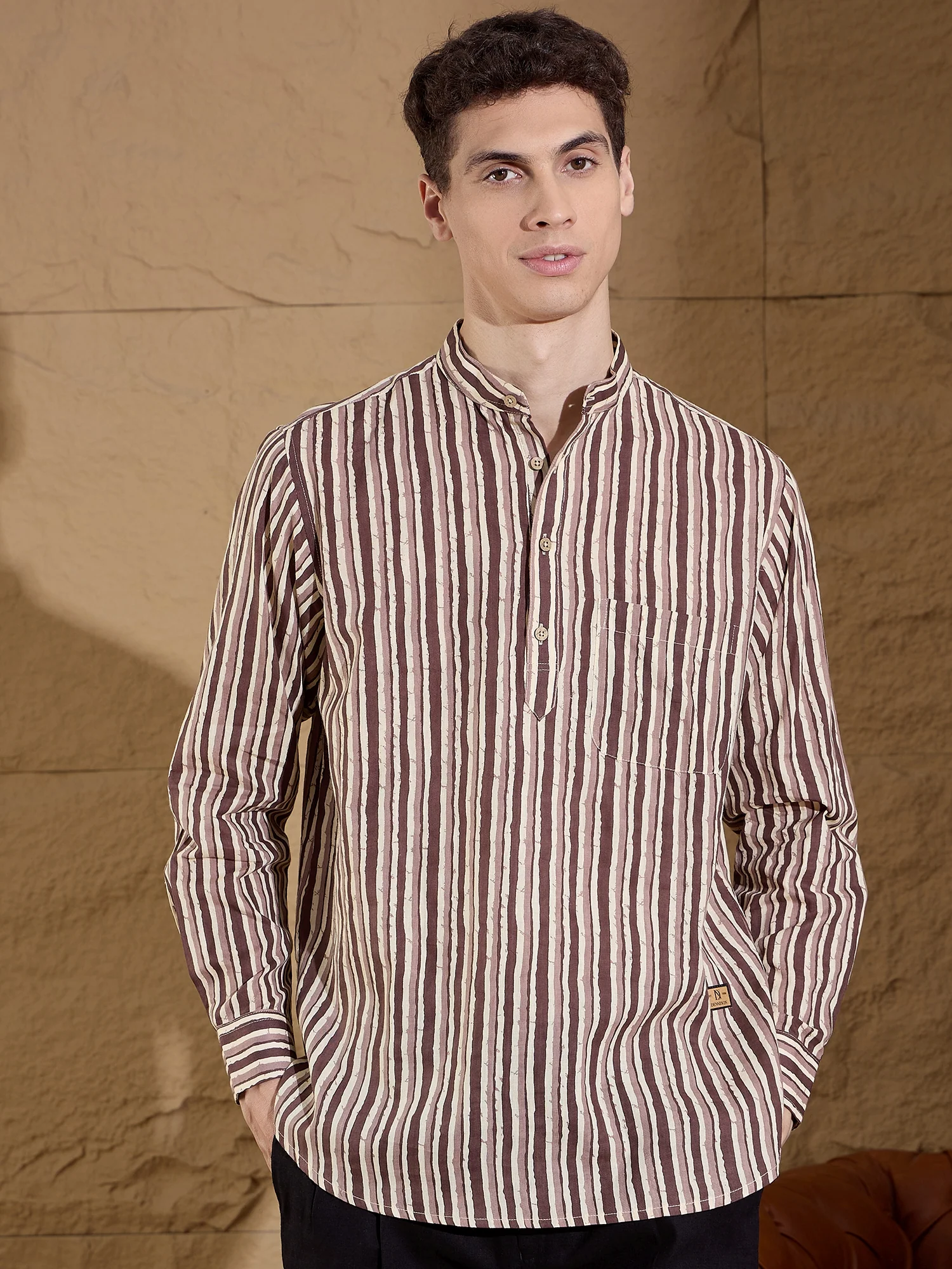 Brown and Cream: Full Sleeves Striped Printed Short Kurta