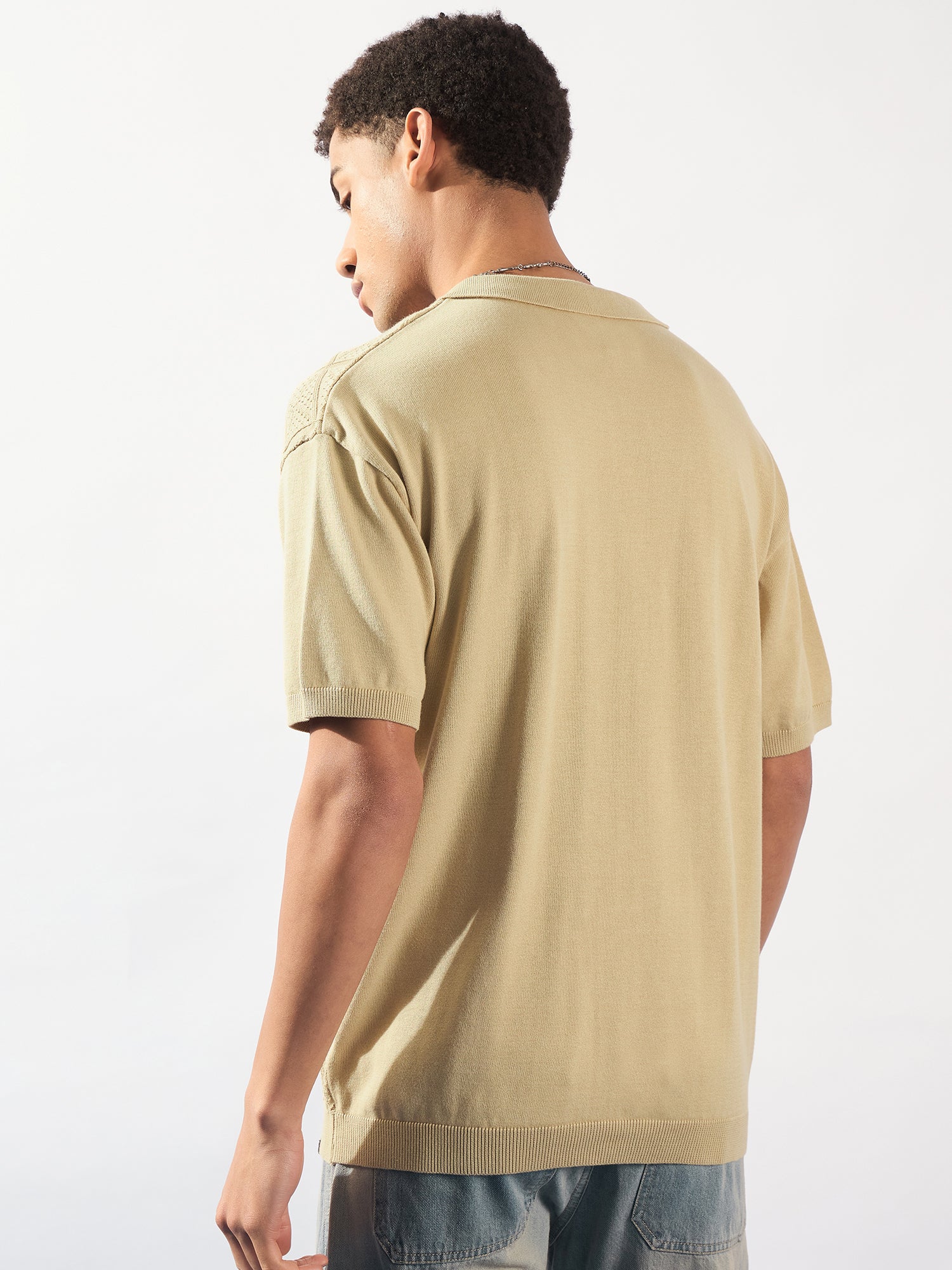 Beige: Textured Front Open Knit Shirt