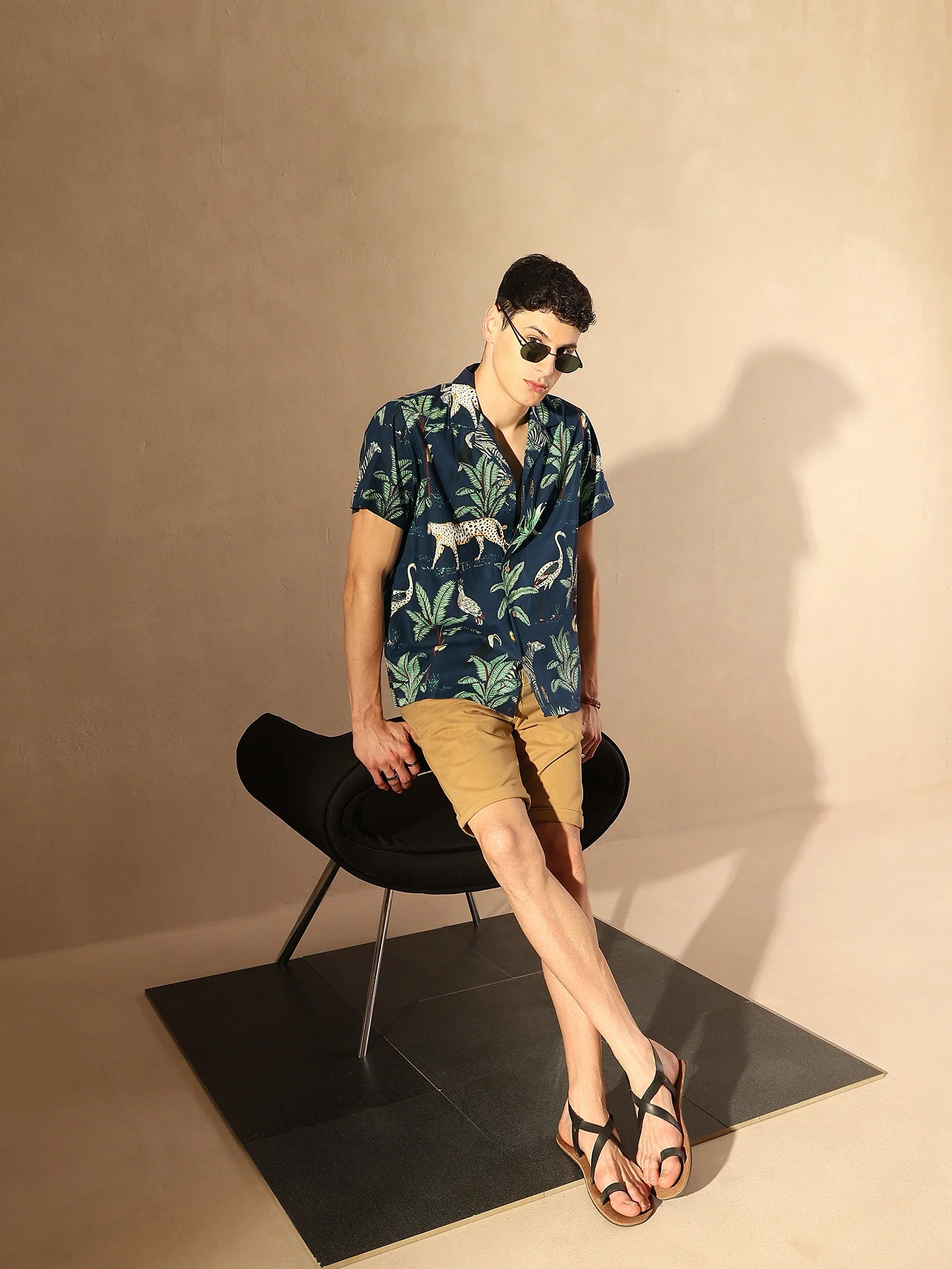 Navy Blue: Half Sleeves Block Printed Shirt