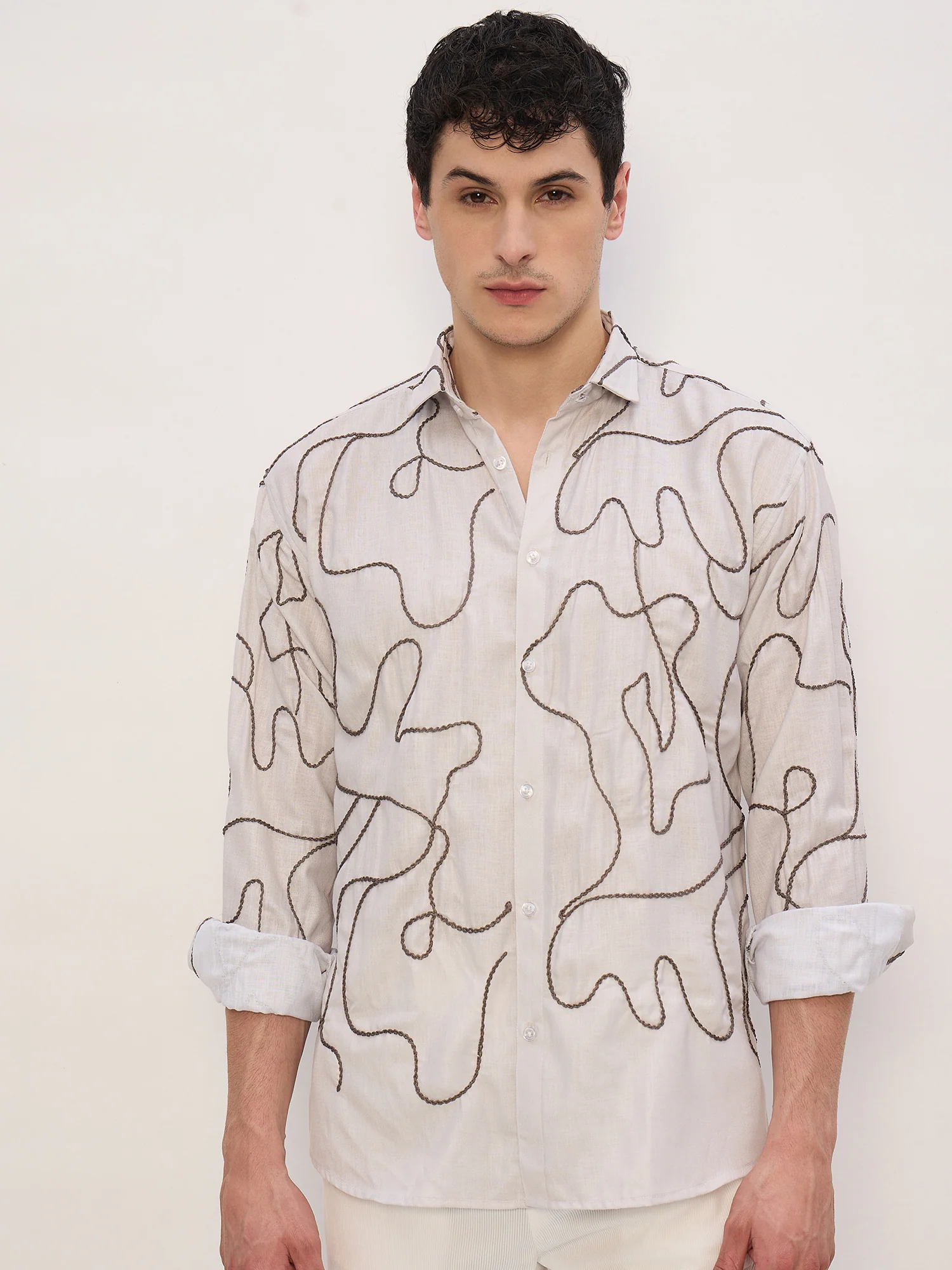 Beige & Grey: Half Sleeves Embroidered Shirt