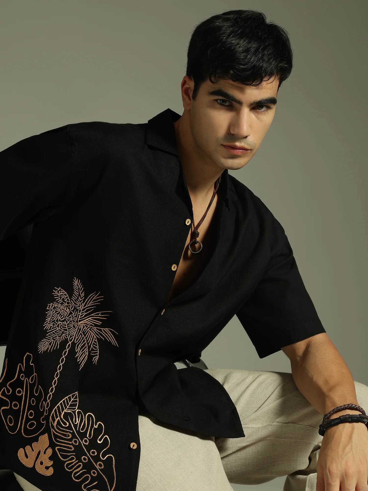 Black & Copper: Embroidered Drop Shoulder Oversized Shirt