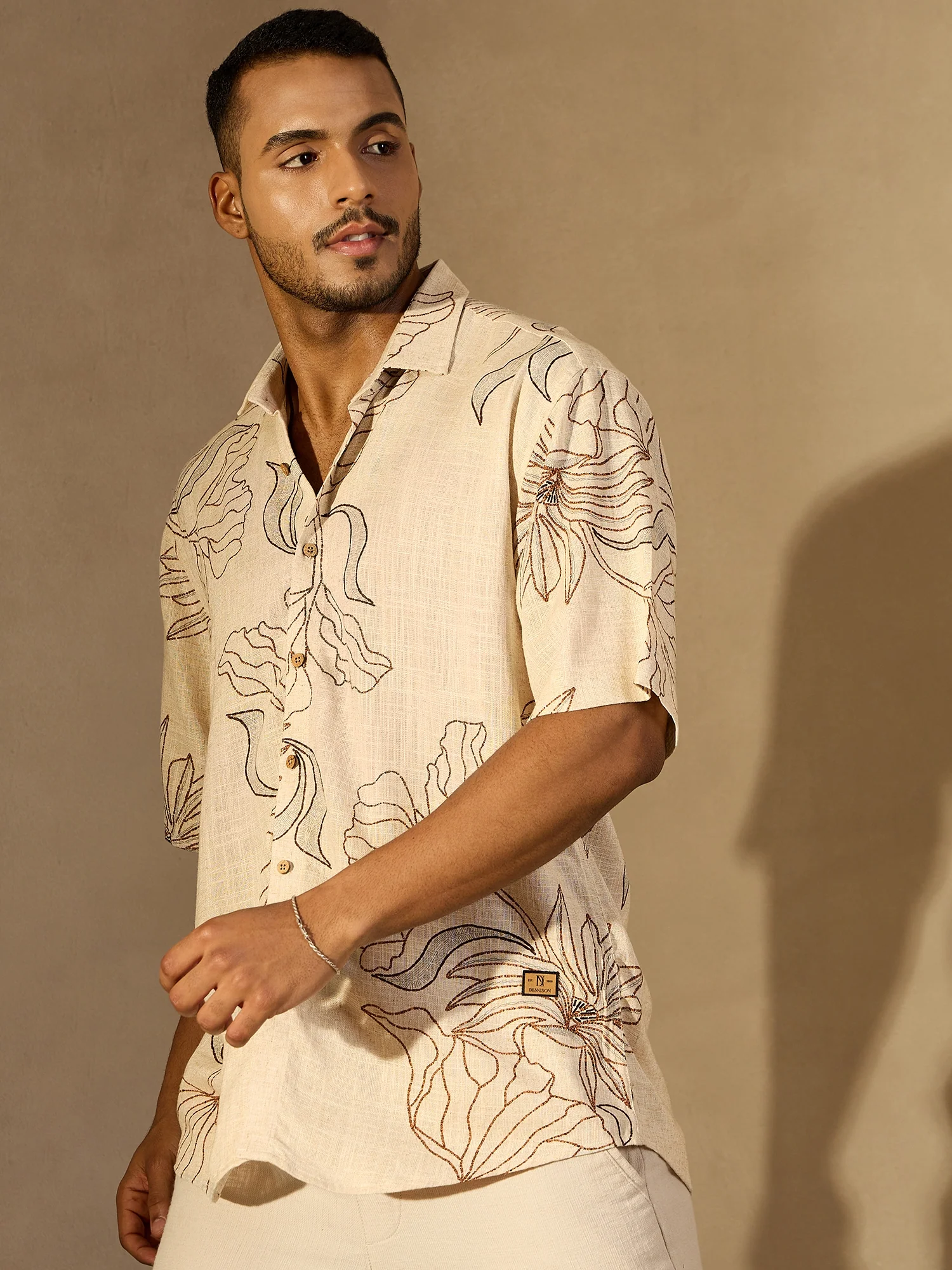 Beige & Brown: Half Sleeves floral printed Oversized Casual Shirt