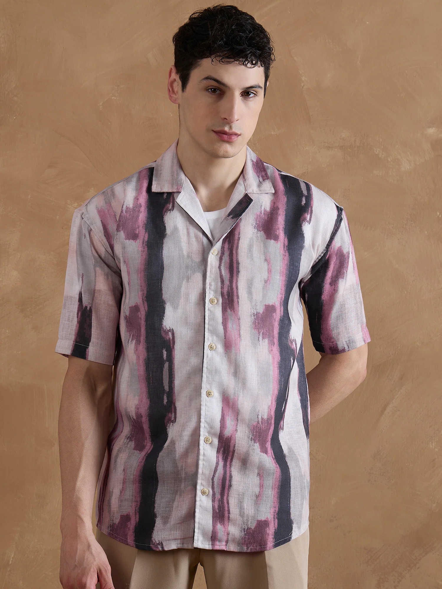Pink & Cream: Half Sleeves Abstract Printed Shirt