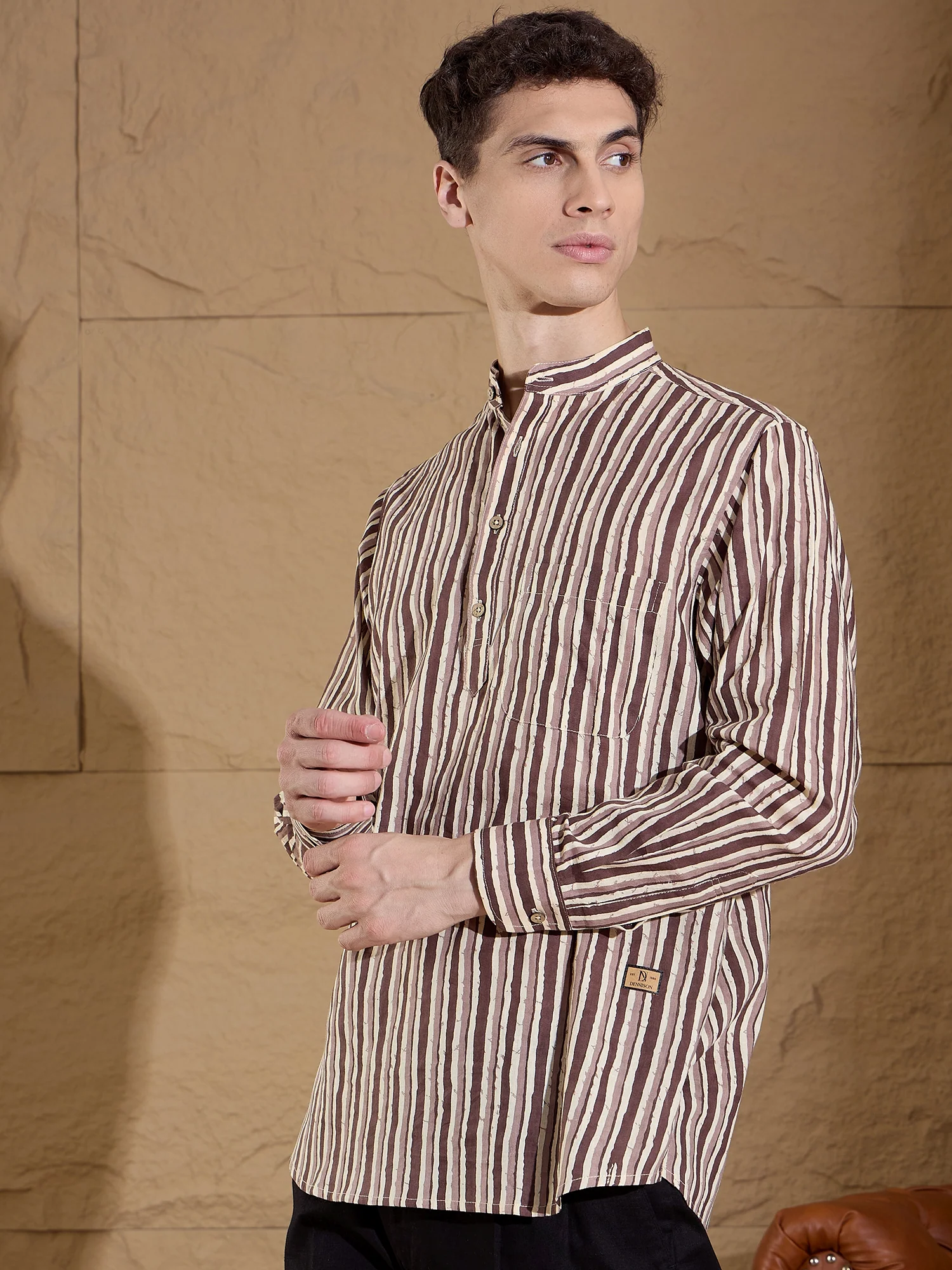 Brown and Cream: Full Sleeves Striped Printed Short Kurta