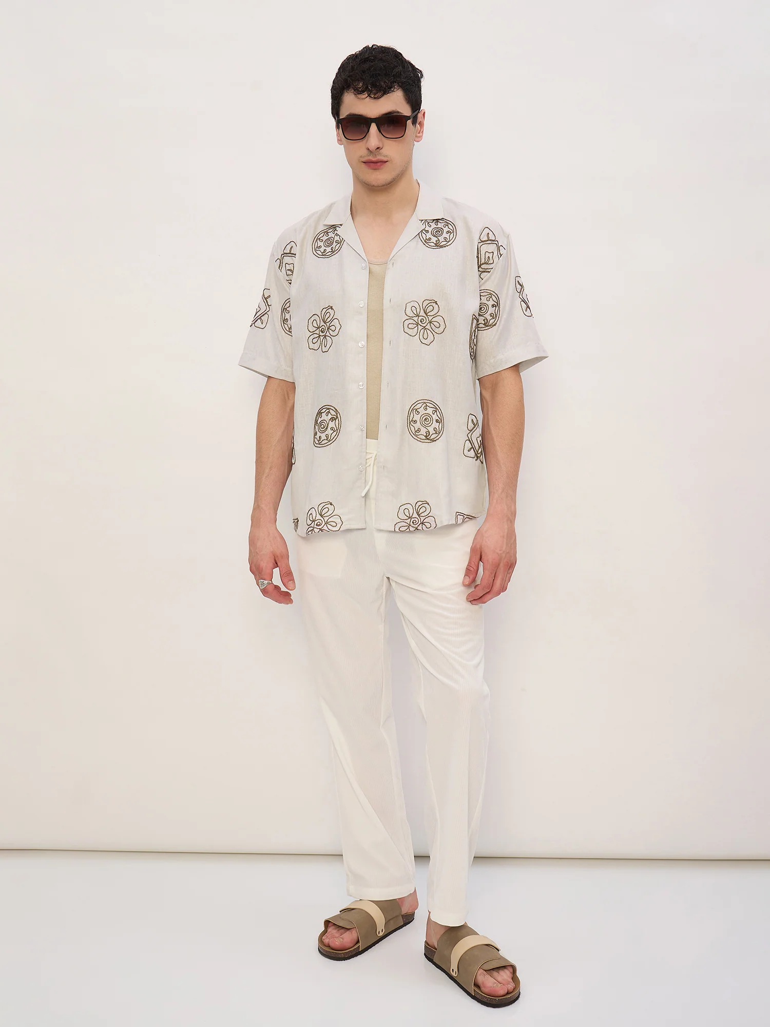 Beige: Half Sleeves Embroidered Shirt