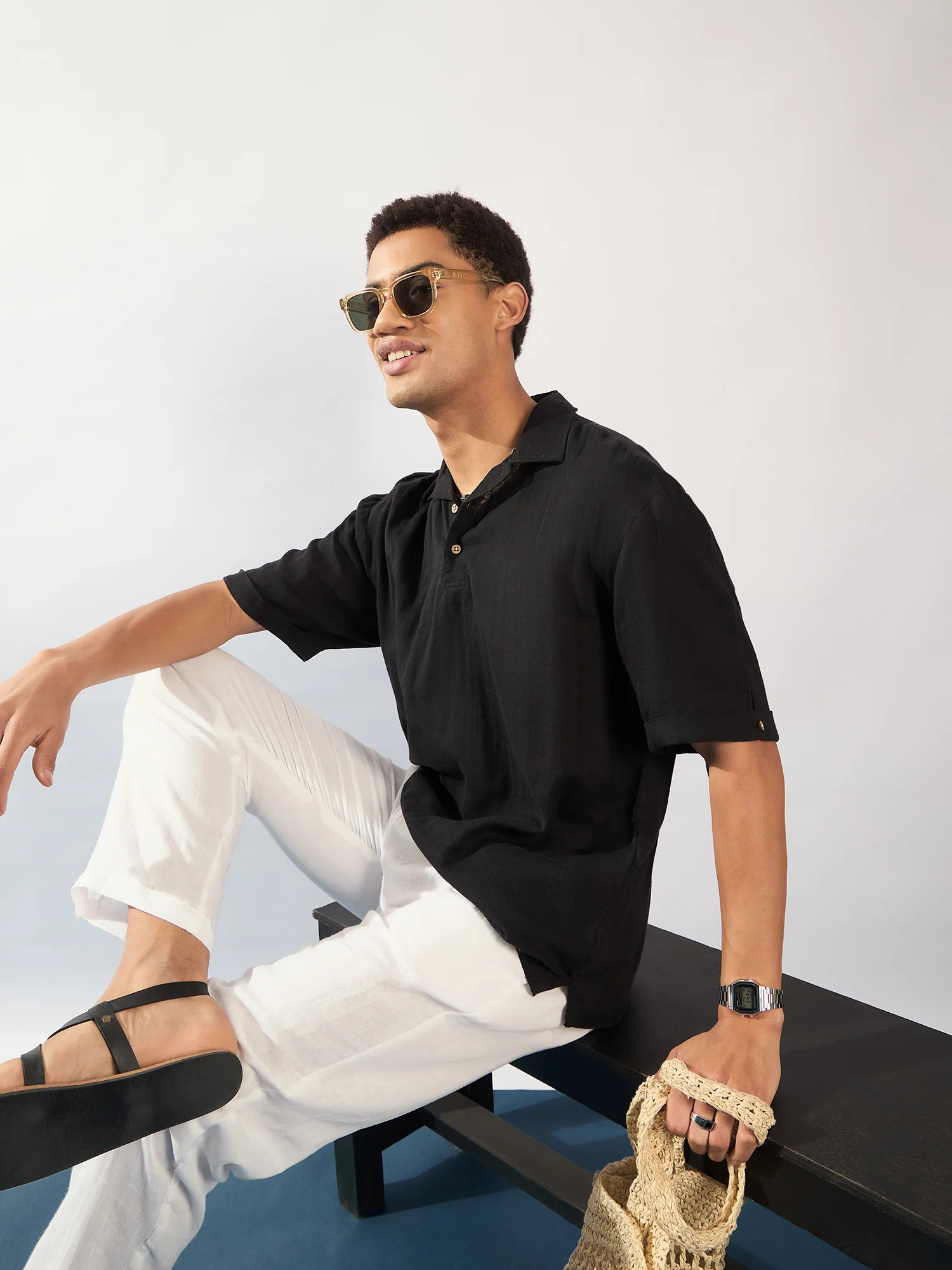 Black: Half Sleeves Muslin Oversized Kurta Shirt