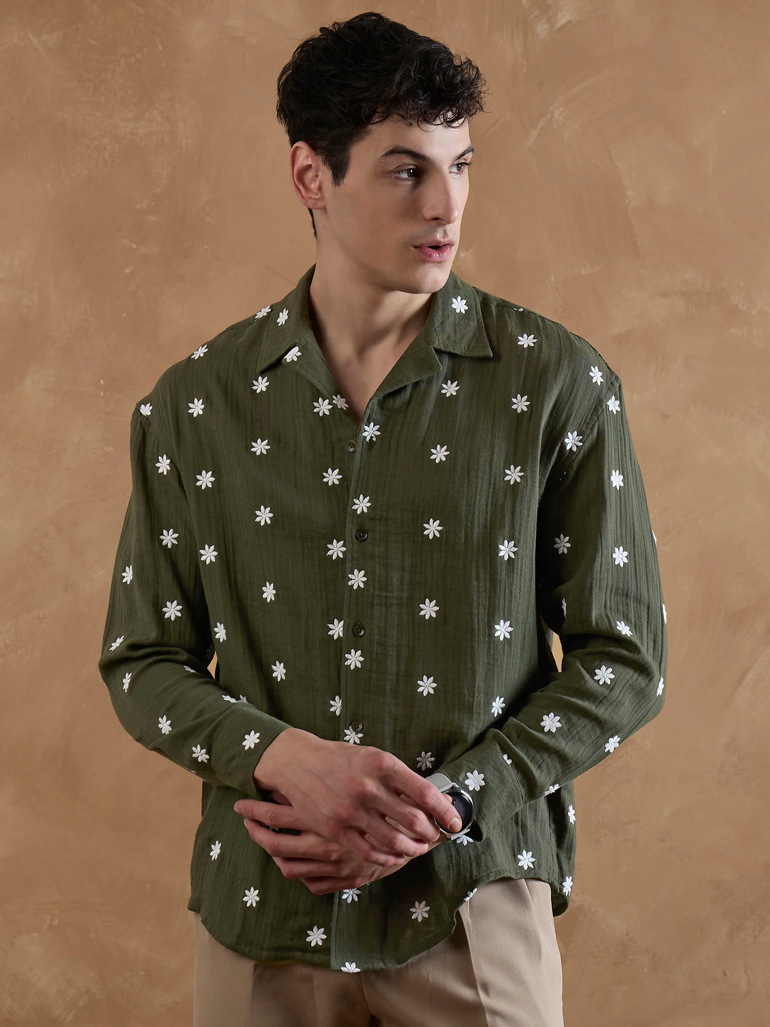 Olive:Full Sleeves Muslin Embroidered Shirt