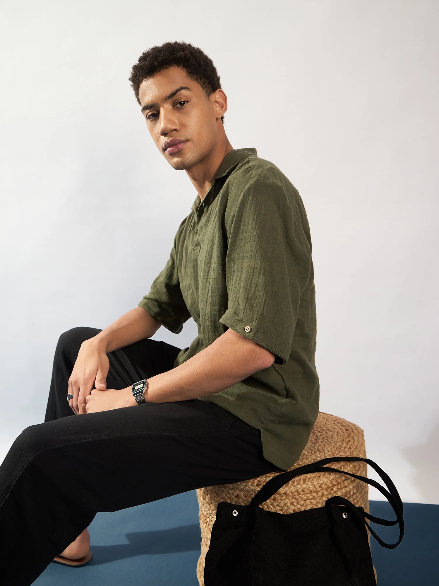 Green: Half Sleeves Muslin Oversized Kurta Shirt