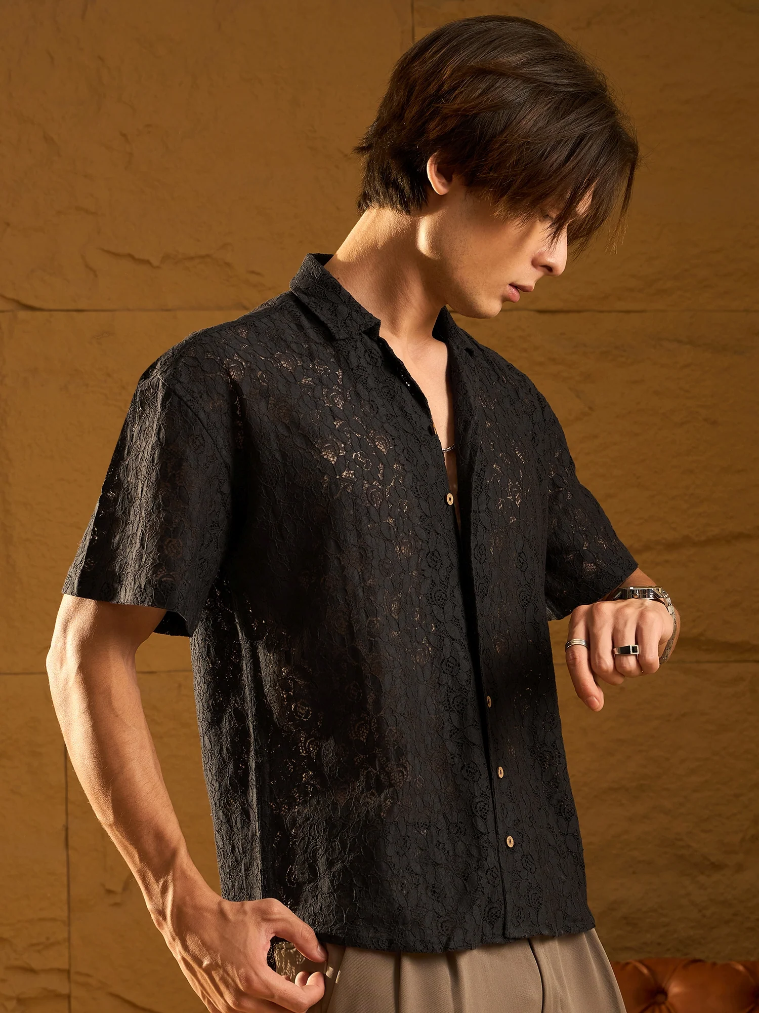 Black: Half Sleeves Schiffli Semi Sheer Oversized Shirt