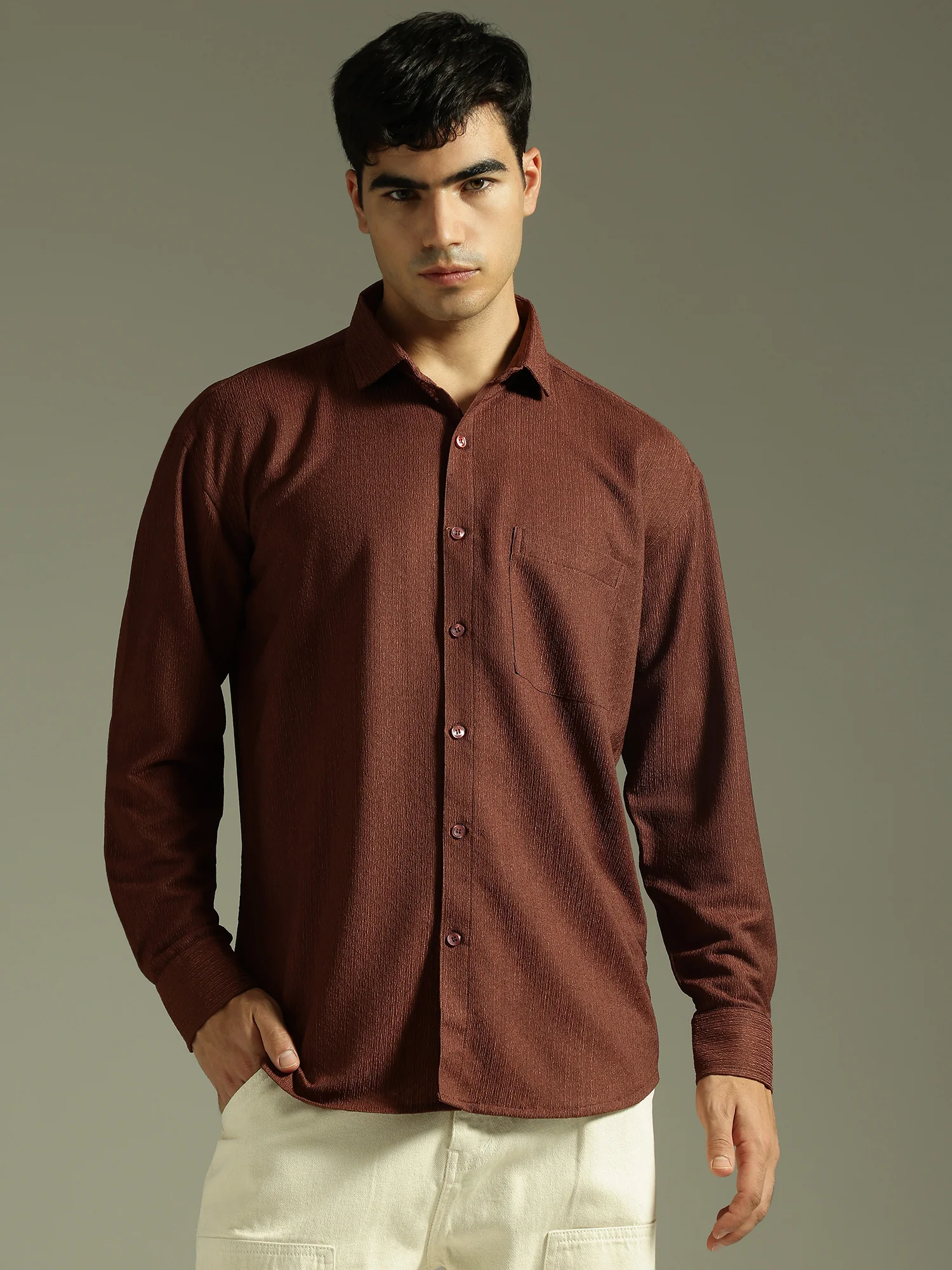 Rust: Textured Drop Shoulder Casual Shirt