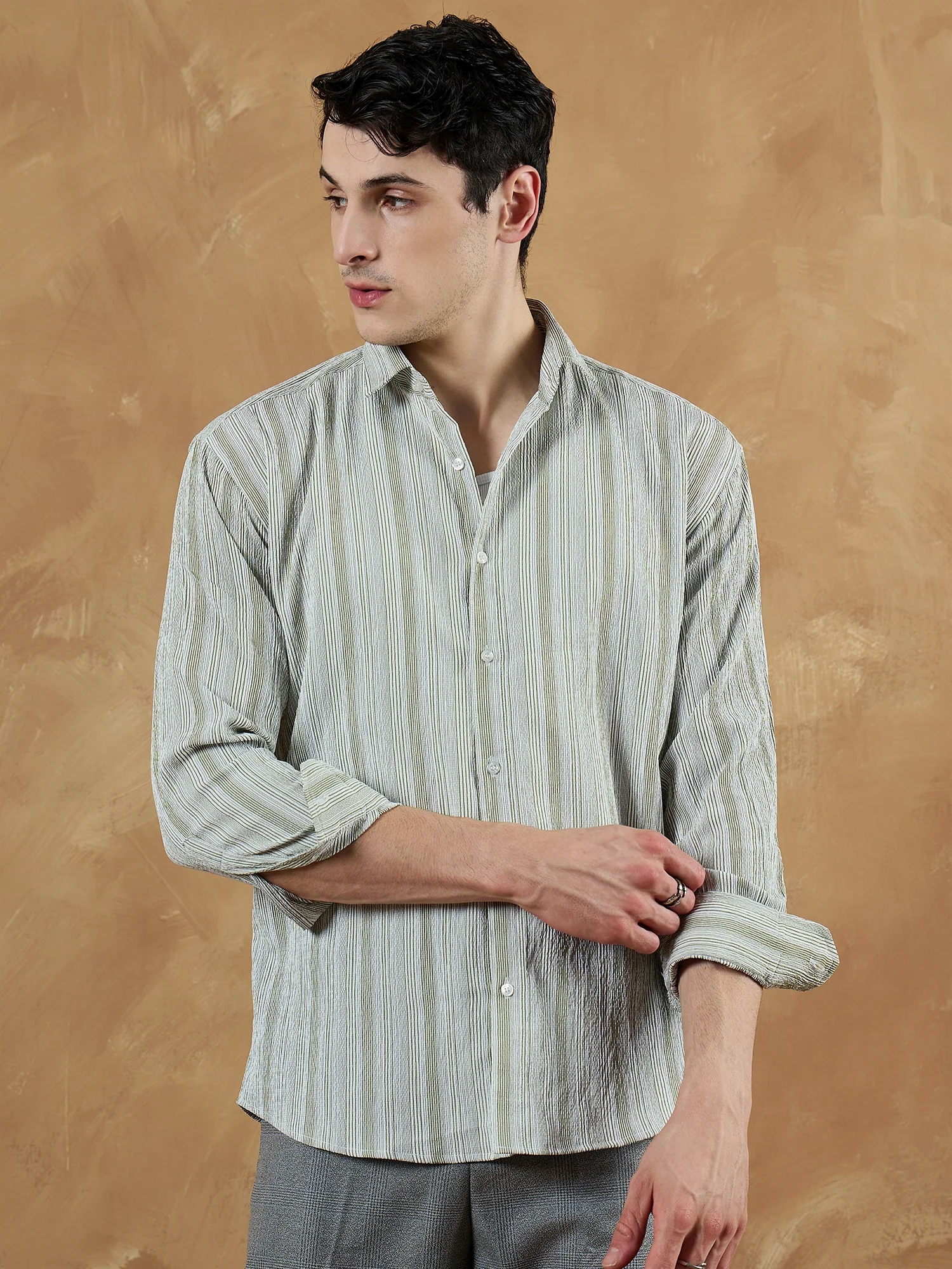 Olive Green & White: Striped Oversized Casual Shirt