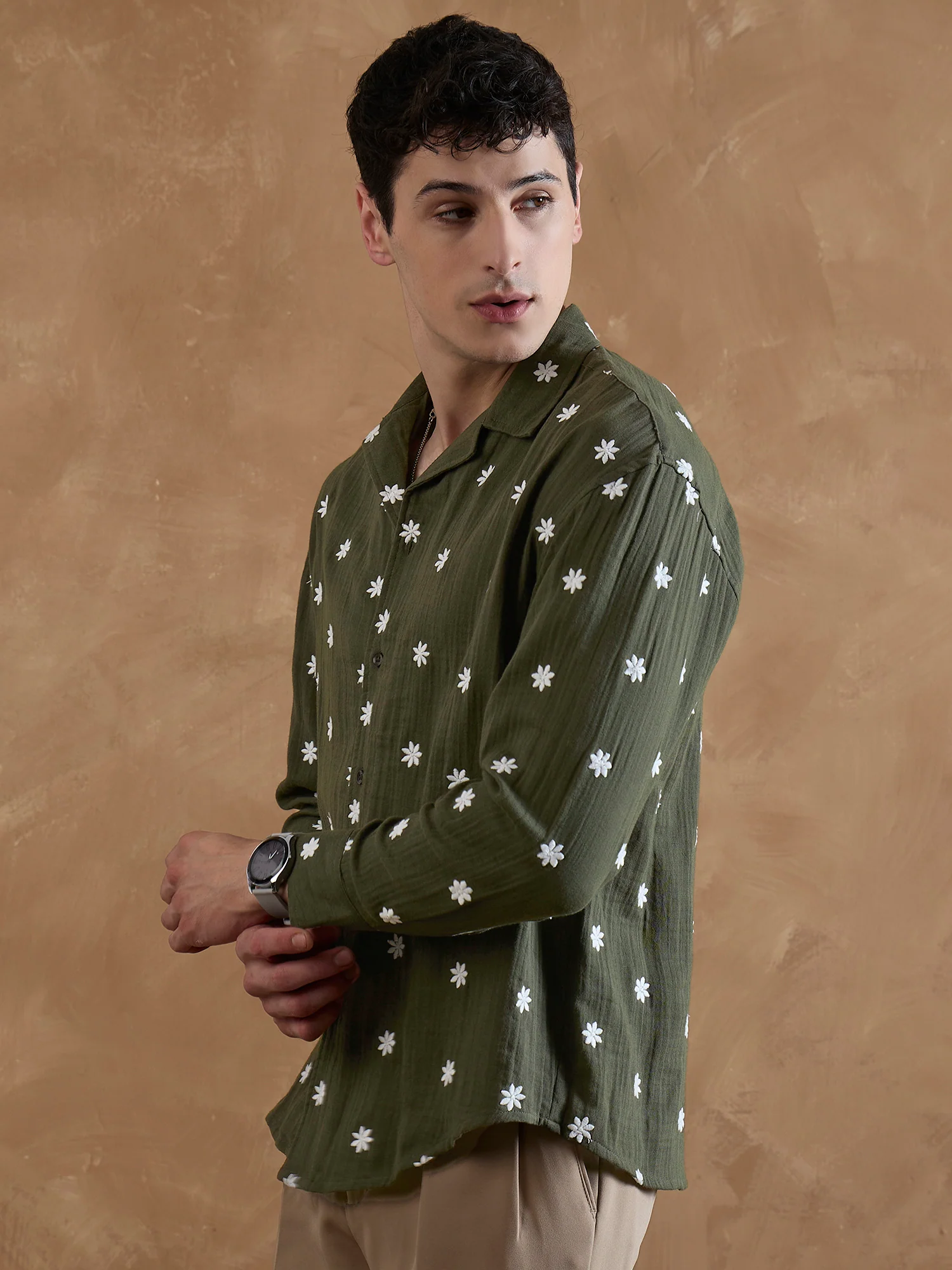 Olive:Full Sleeves Muslin Embroidered Shirt
