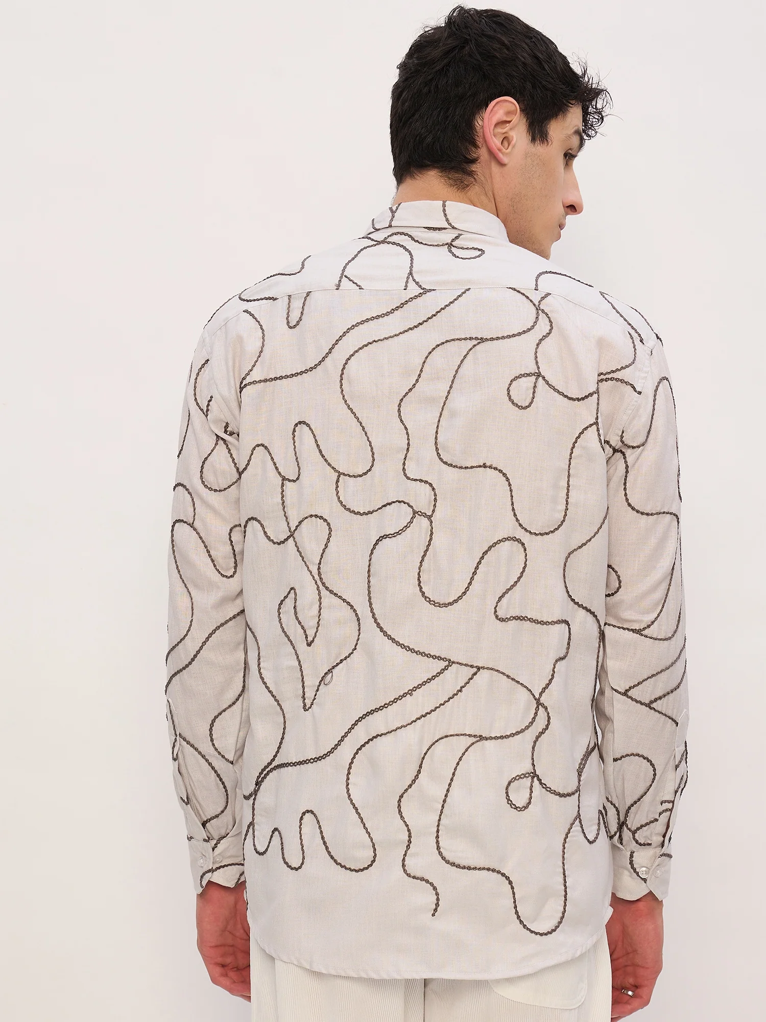 Beige & Grey: Half Sleeves Embroidered Shirt