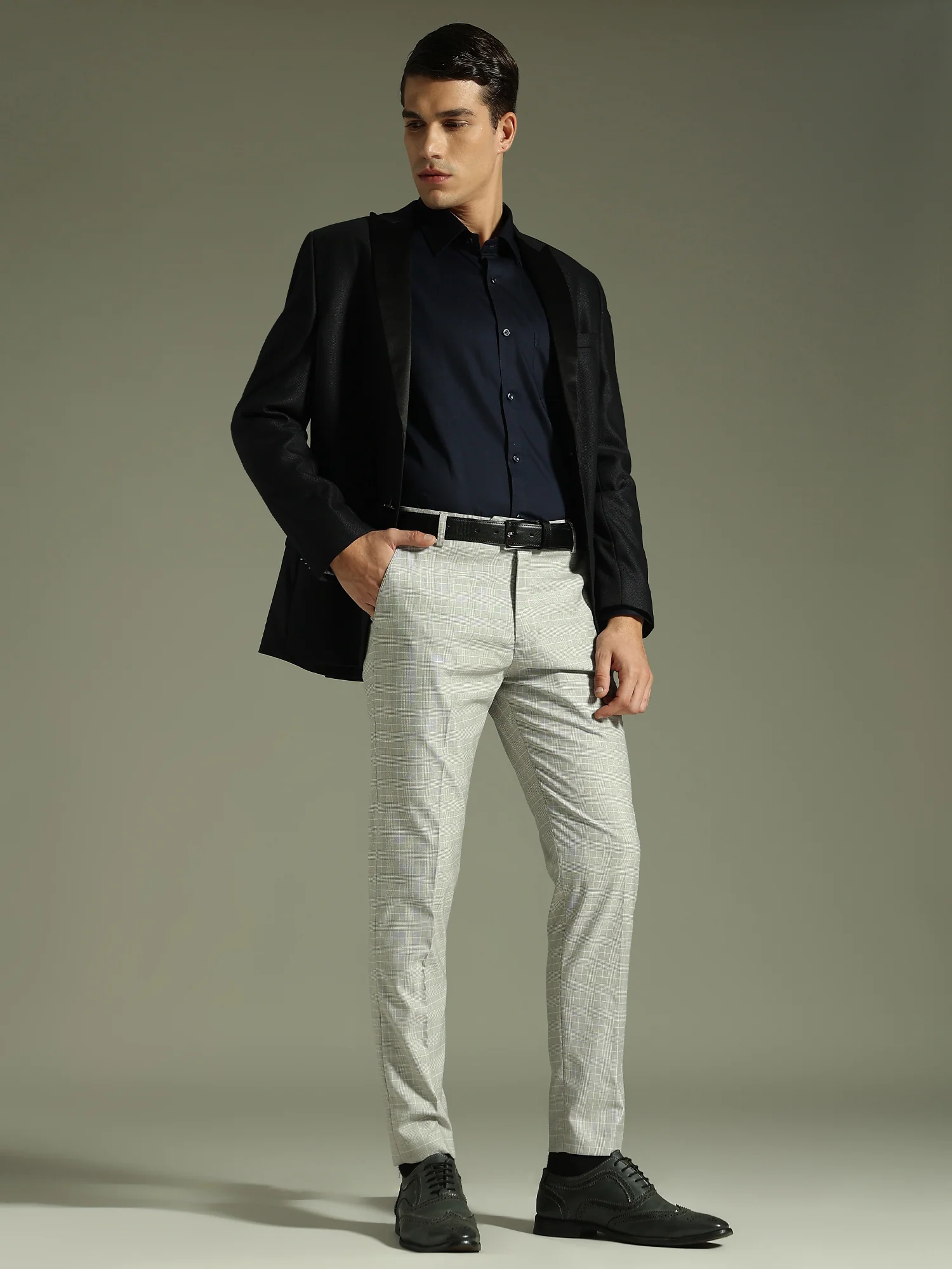 Deep Beige: Checkered Tapered Fit Casual Trouser