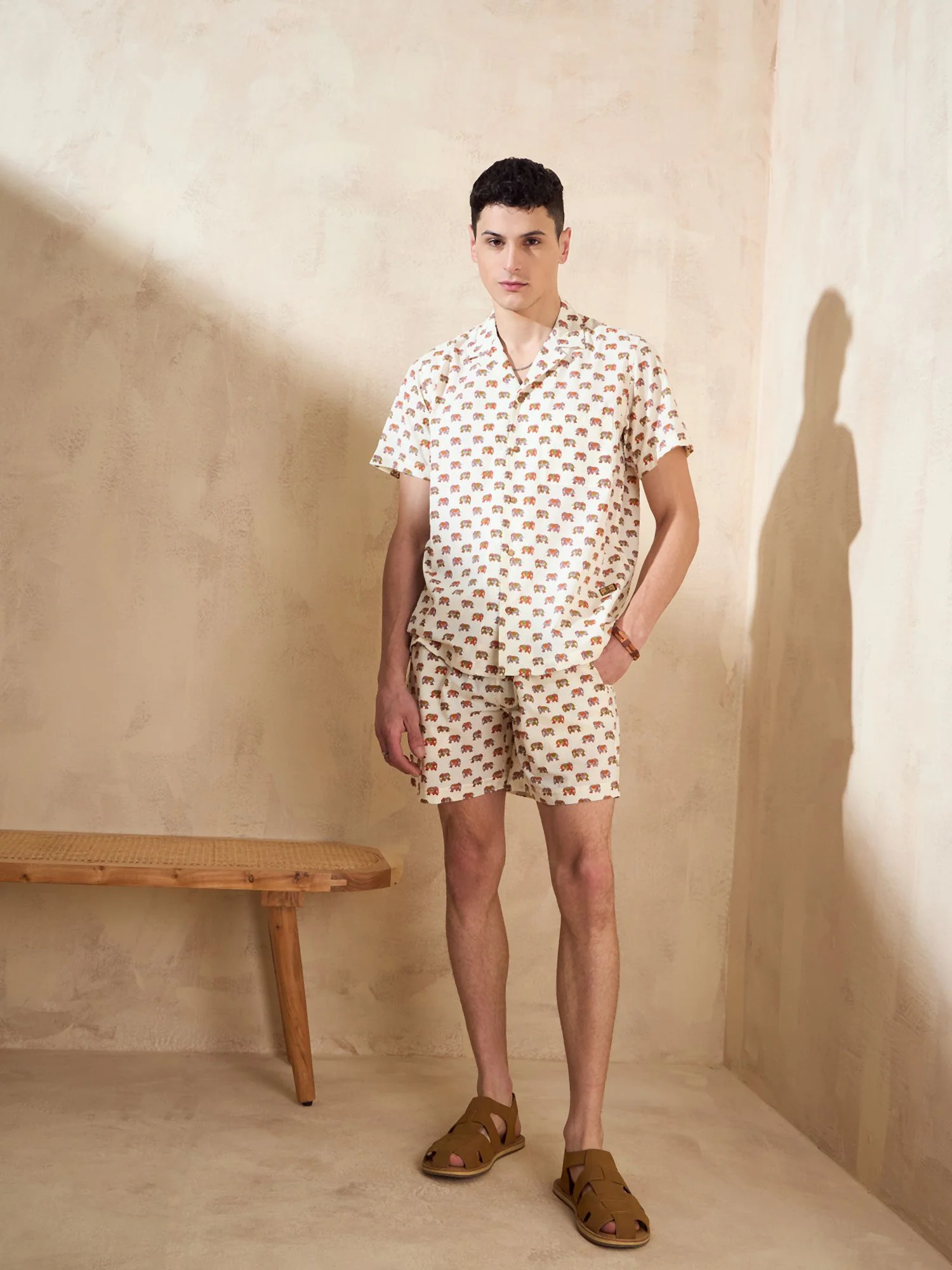 Men's Cream Block Printed Coord Set | Printed Shirt With Shorts