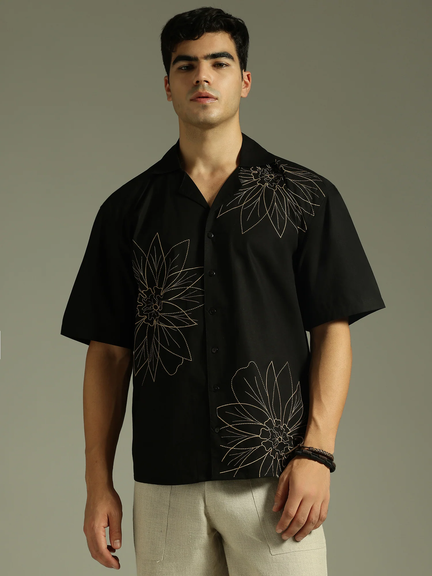Black: Embroidered Drop Shoulder Oversized Shirt