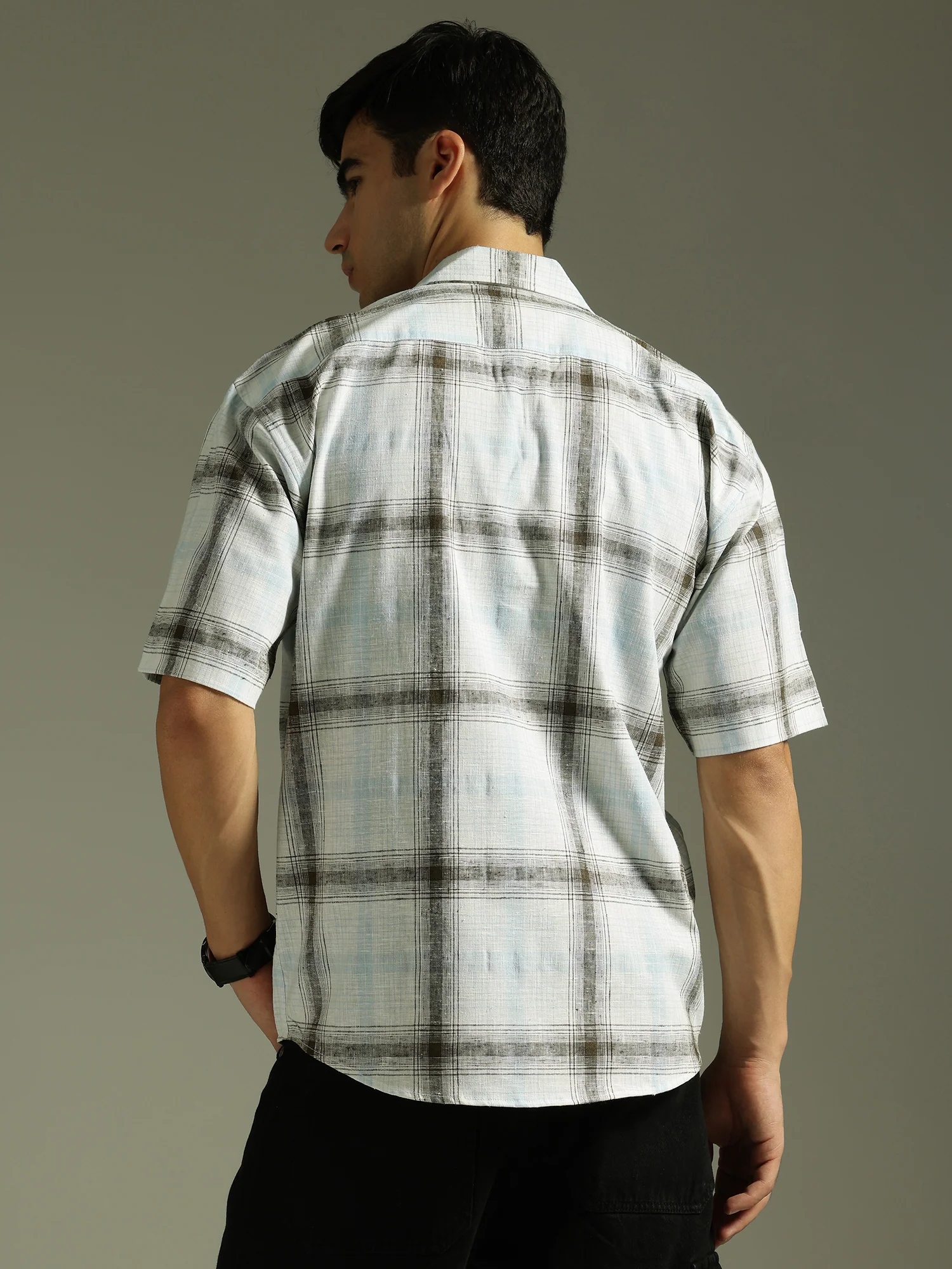 White & Light Blue: Half Sleeves Windowpane Checks Shirt