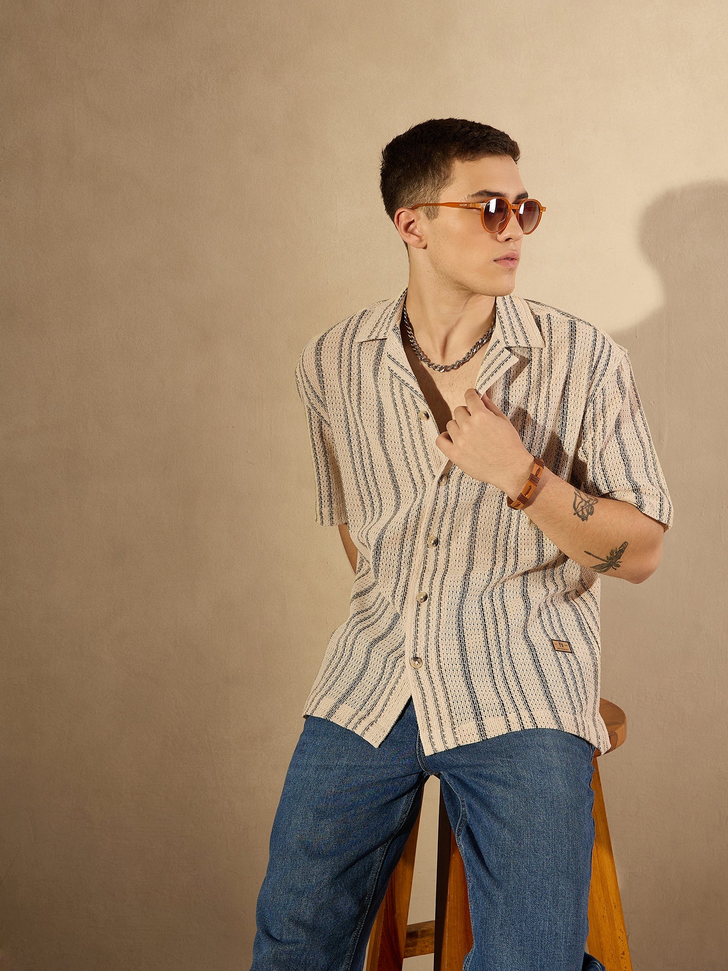 Cream & Black: Half Sleeves Crochet Oversized Striped Shirt