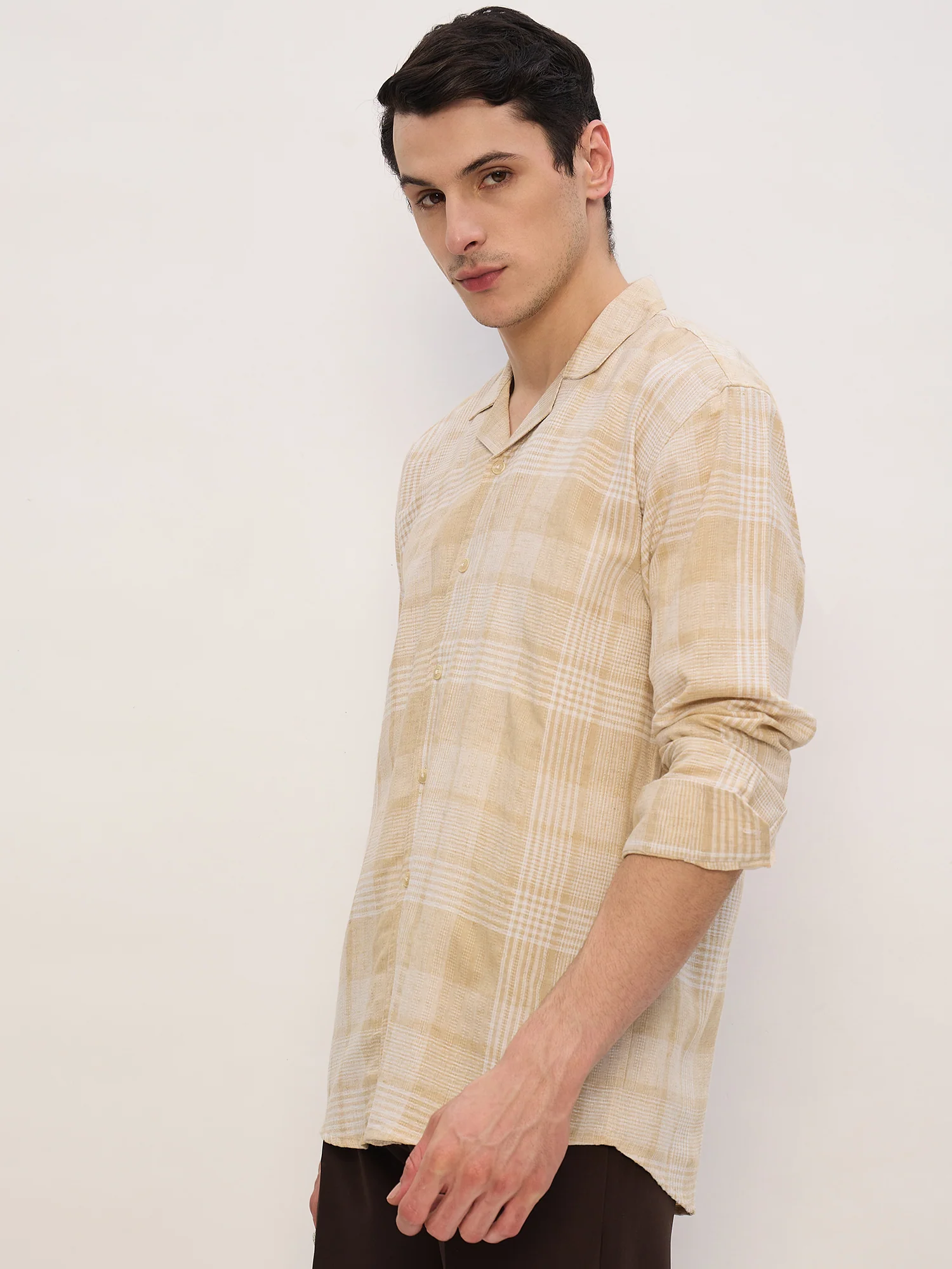 Beige & White: Full Sleeves Checkered Shirt