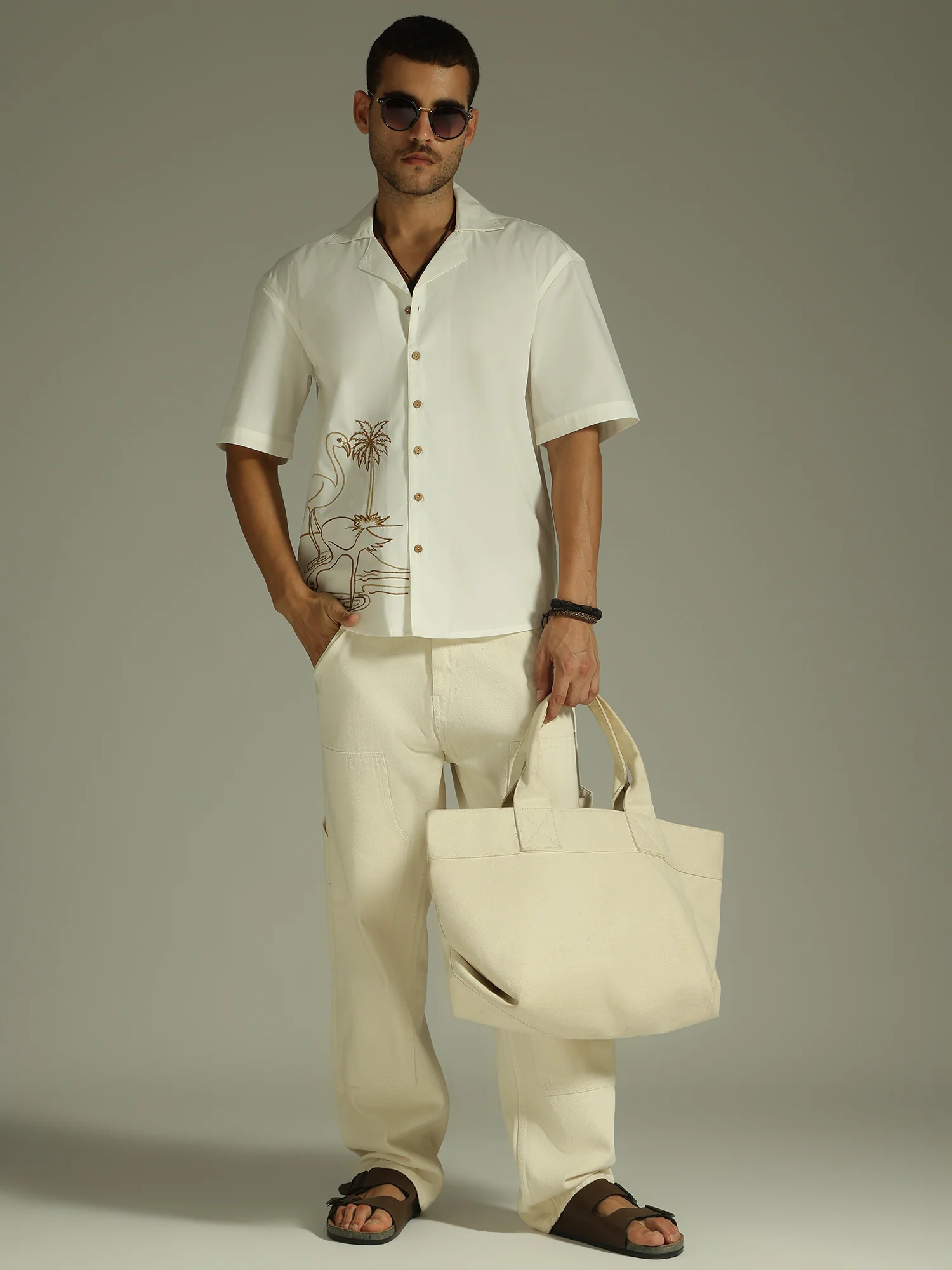 White & Brown: Embroidered Drop Shoulder Oversized Shirt