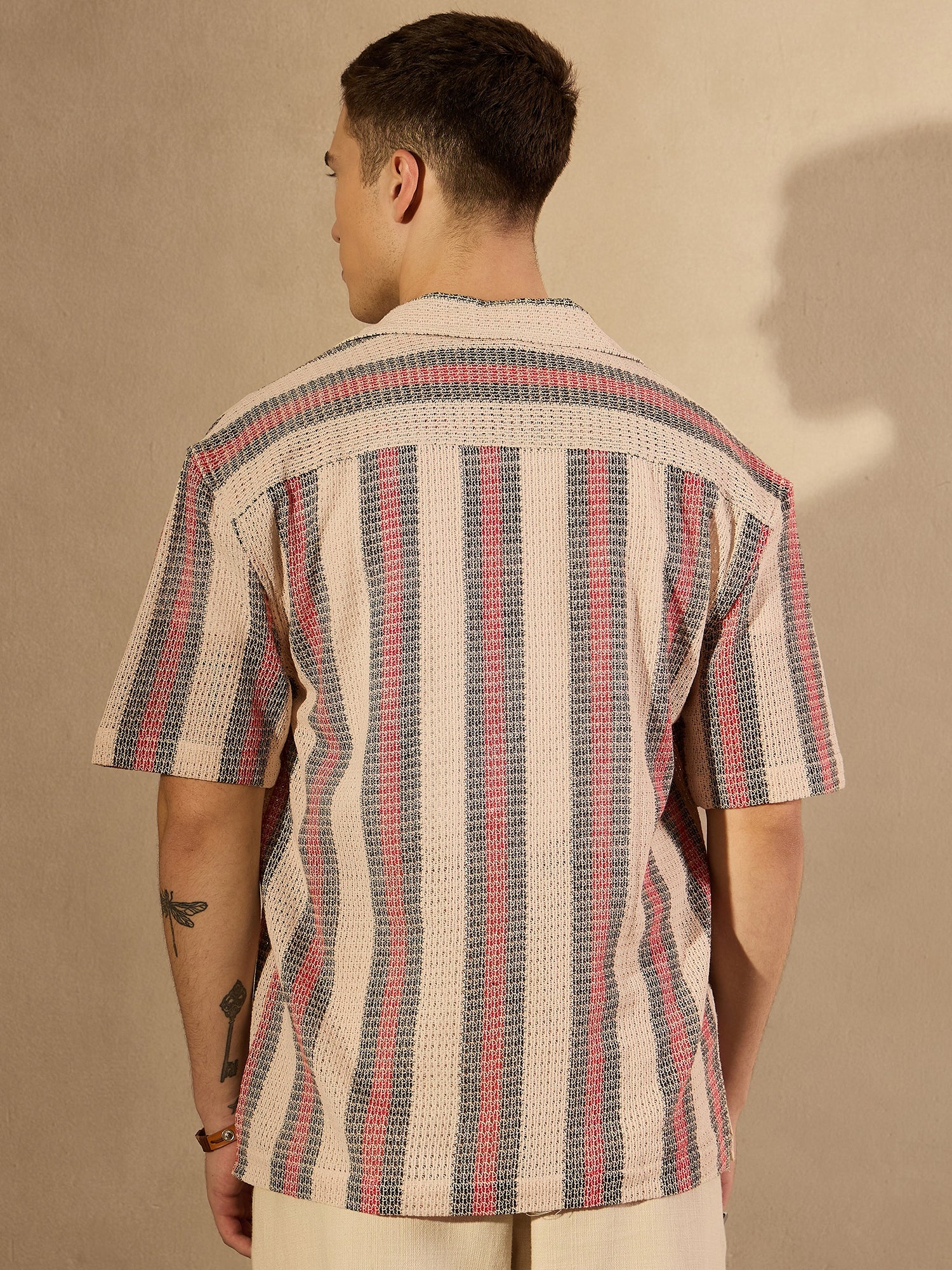 Cream & Red: Half Sleeves Crochet Oversized Striped Shirt