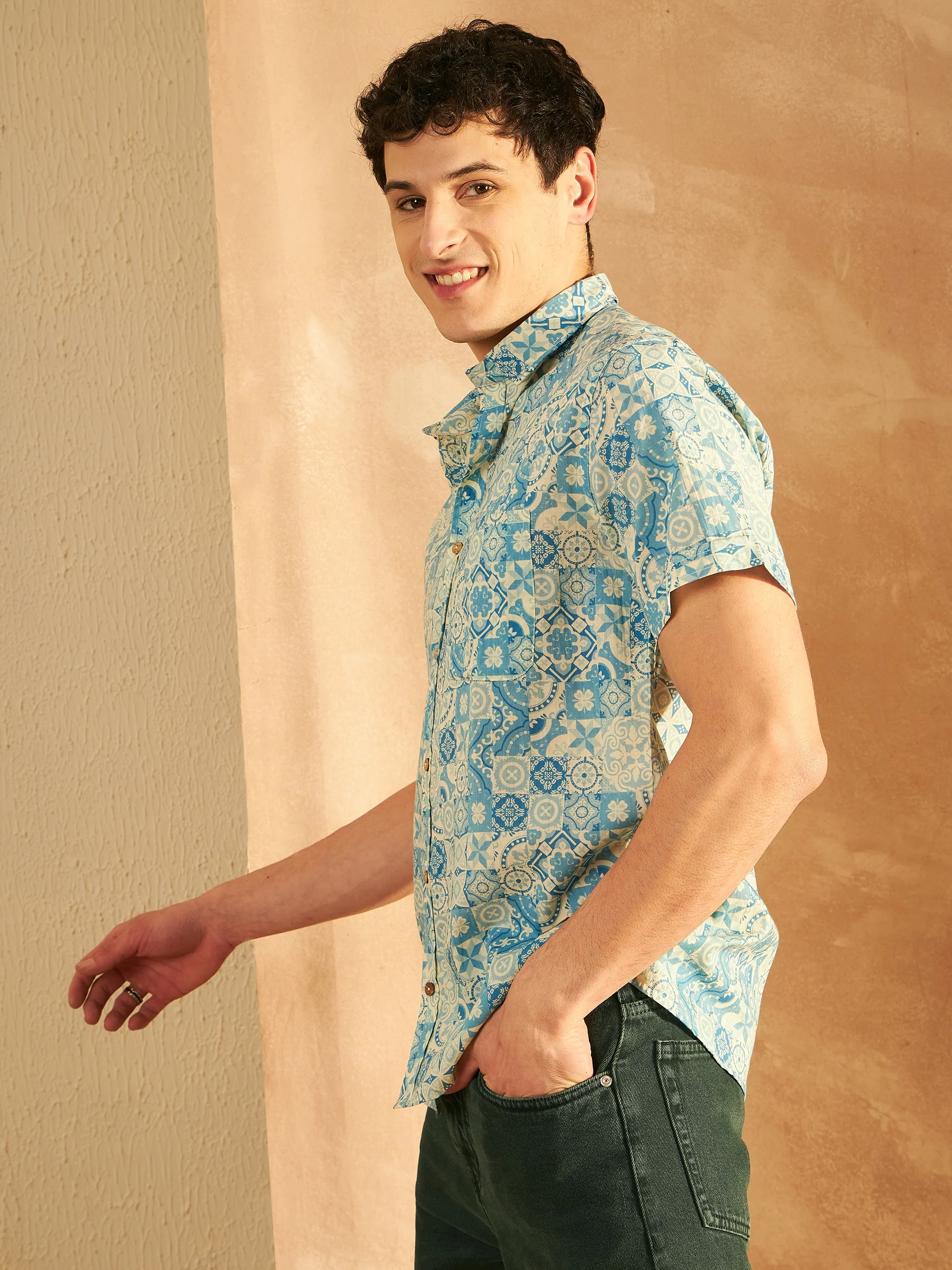 Cream & Blue: Half Sleeves Block Printed Shirt
