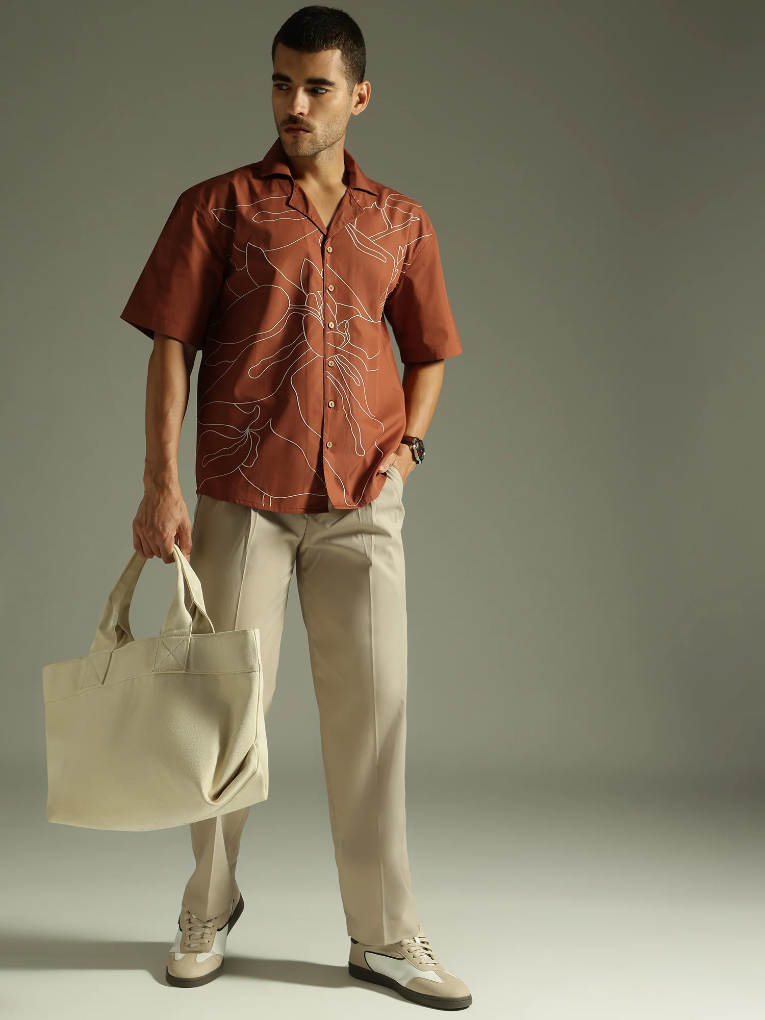 Rust: Embroidered Drop Shoulder Oversized Shirt