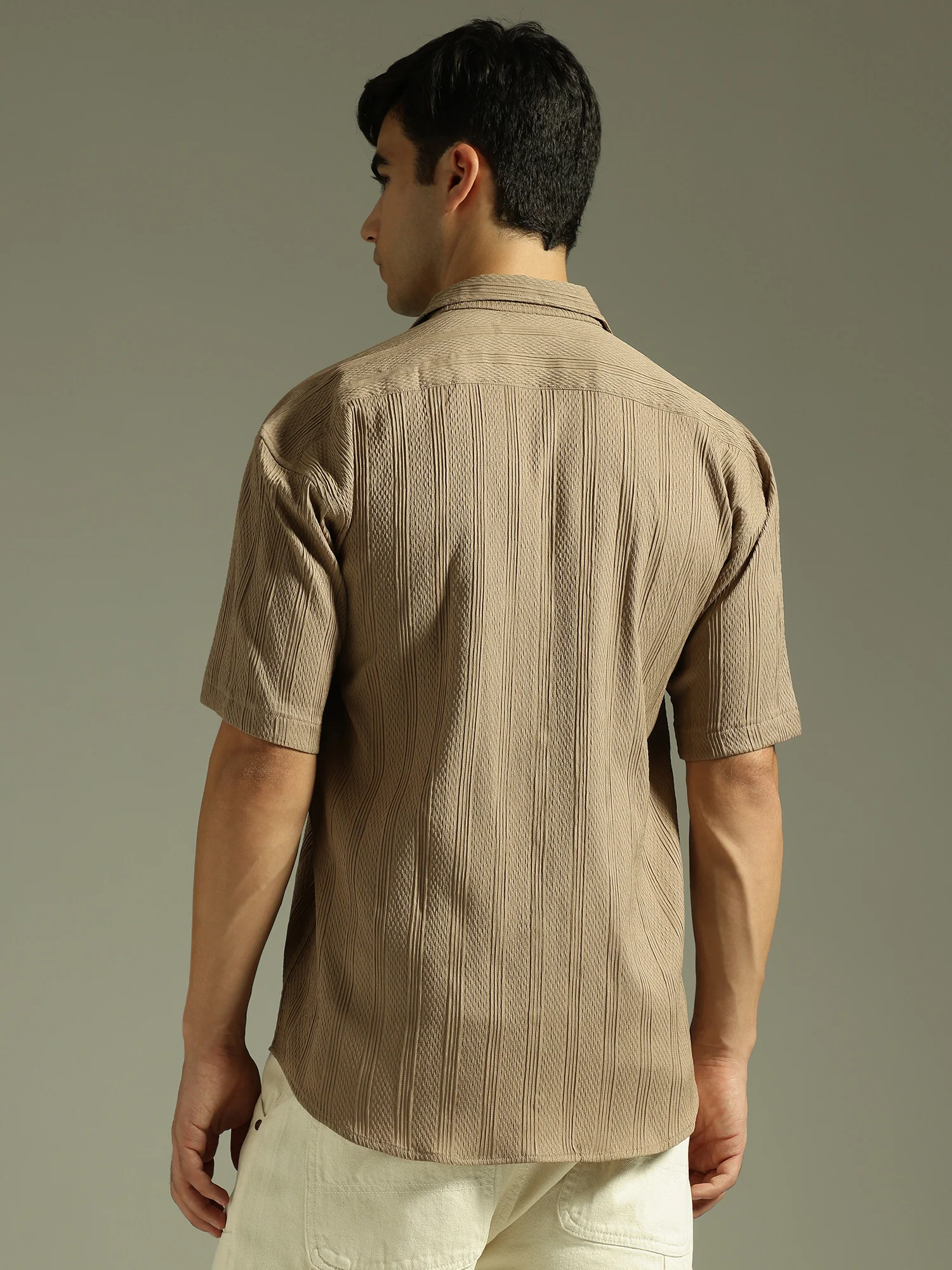 Light Brown: Self Design Oversized Casual Shirt