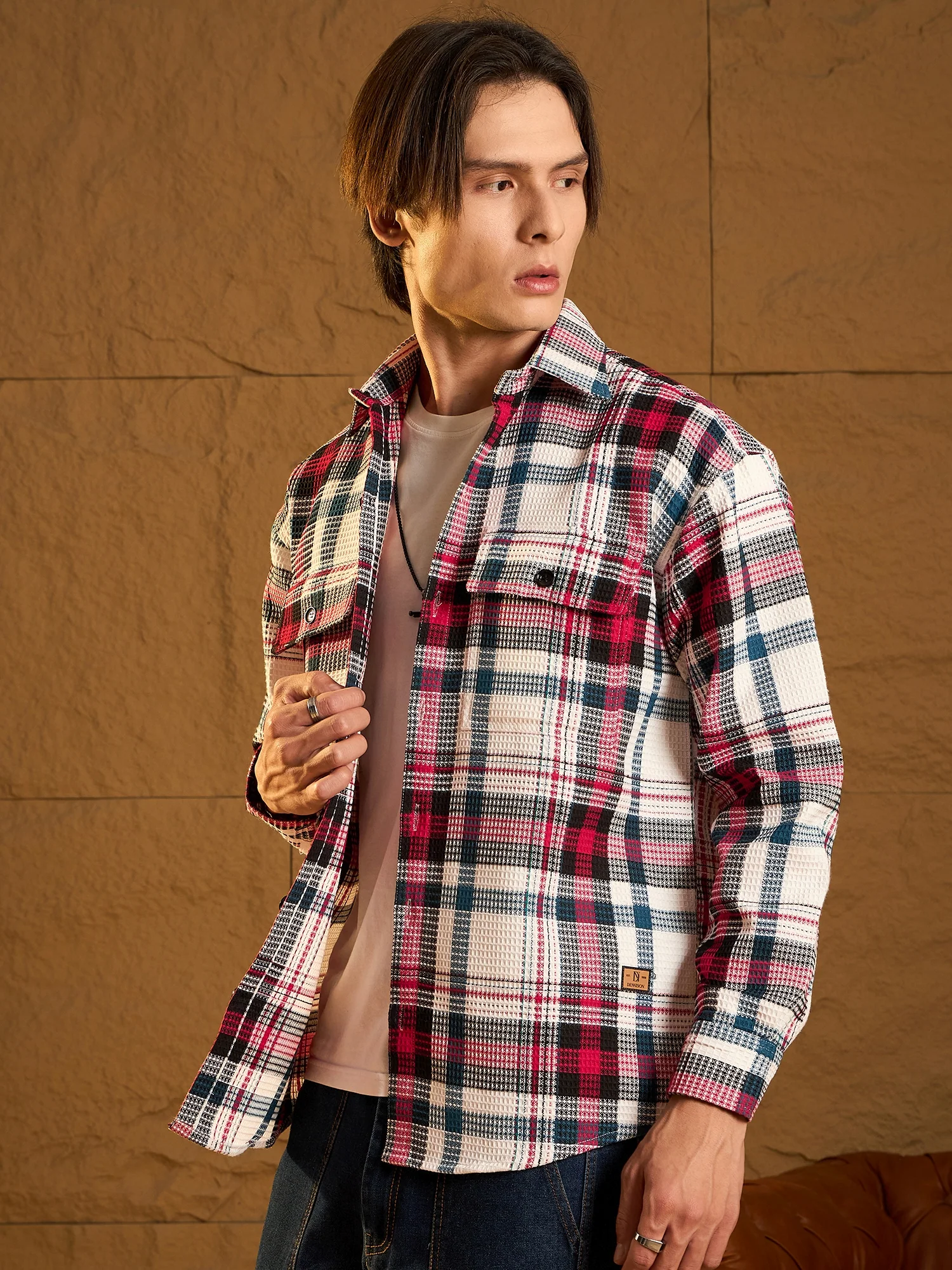 White & Red: Oversized Cotton Checked Shacket