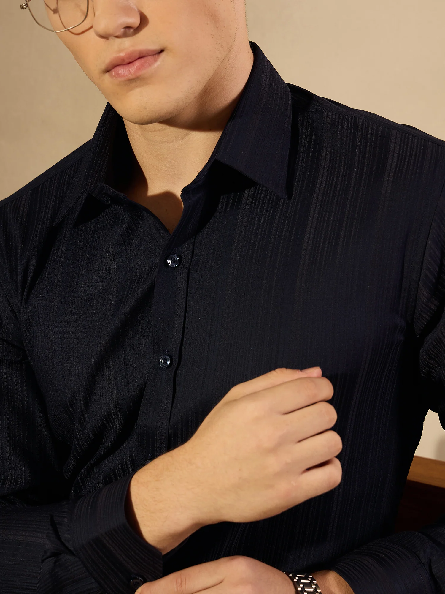 Navy Blue: Striped Formal Shirt
