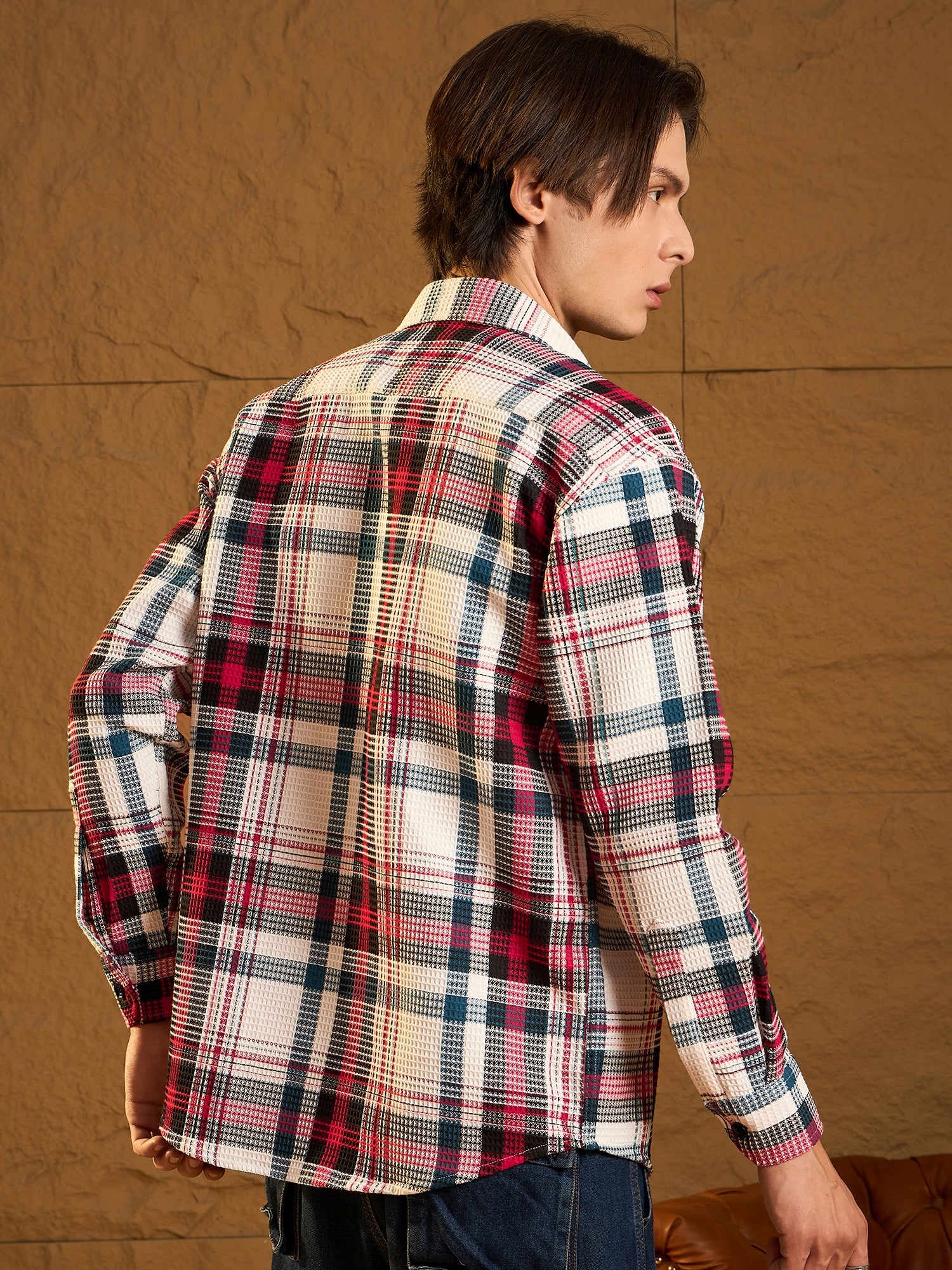 White & Red: Oversized Cotton Checked Shacket