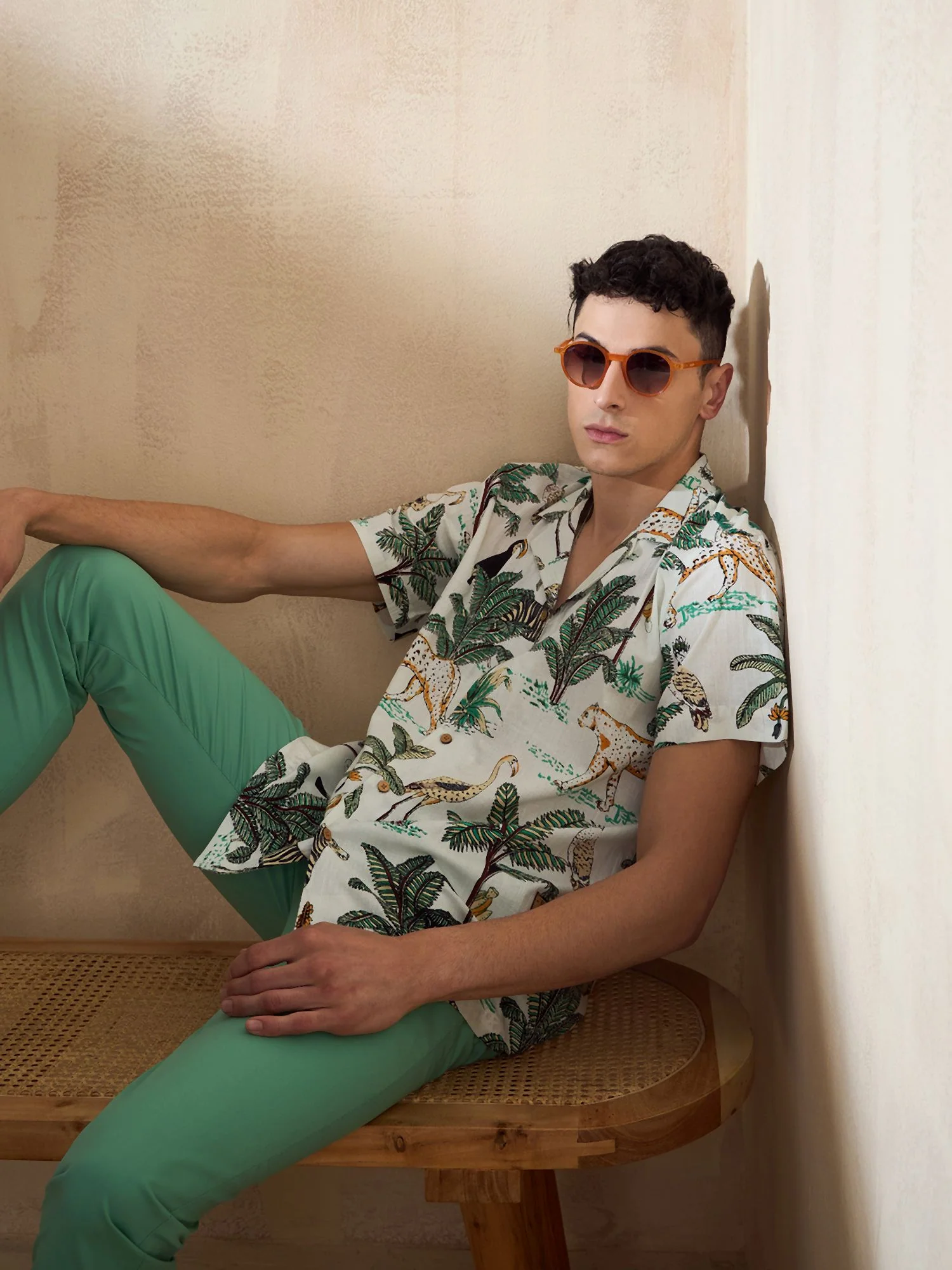 Cream: Half Sleeves Casual Printed Shirt