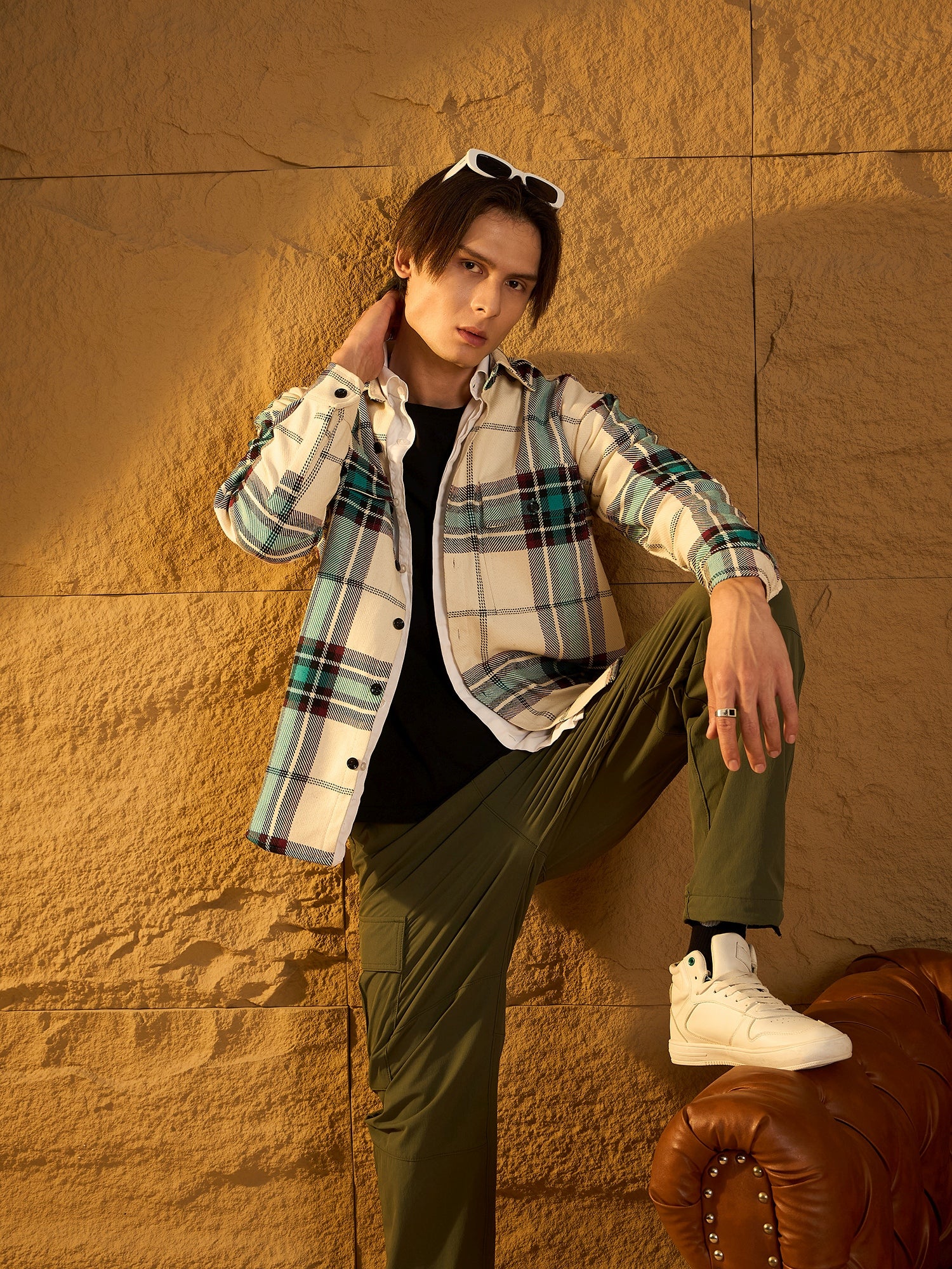Cream & Blue: Checked Oversized Cotton Shacket