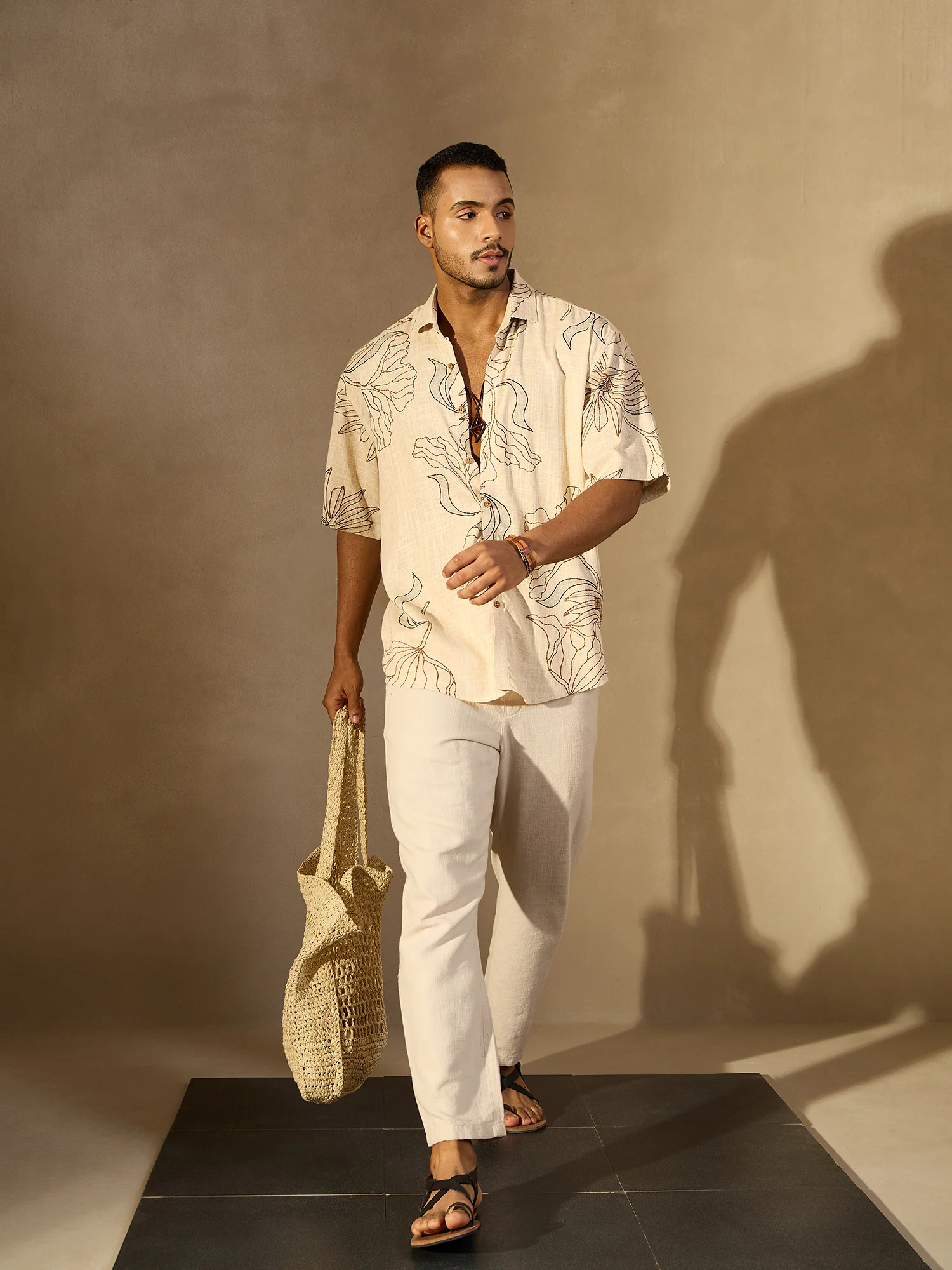 Beige & Brown: Half Sleeves floral printed Oversized Casual Shirt