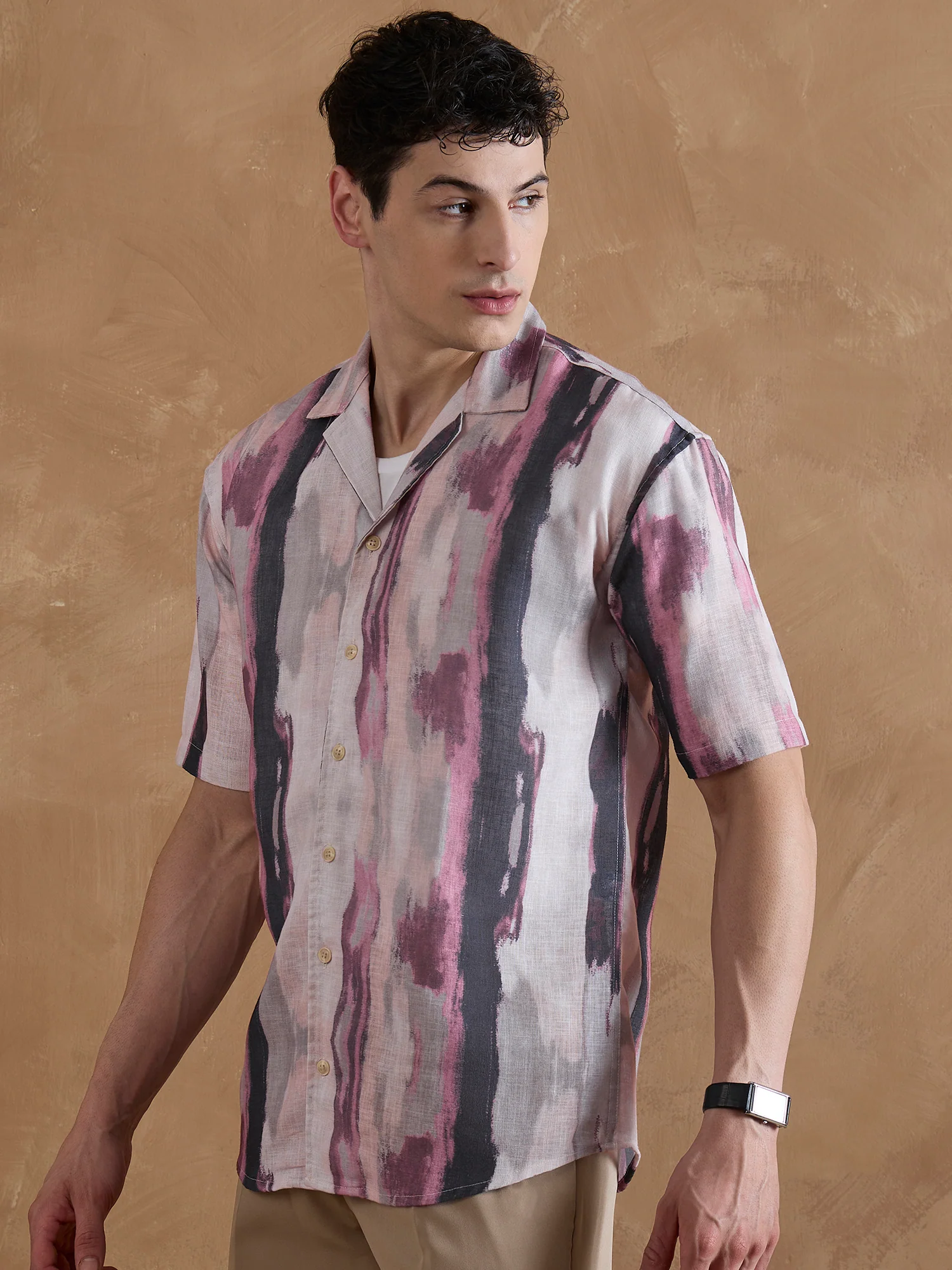 Pink & Cream: Half Sleeves Abstract Printed Shirt