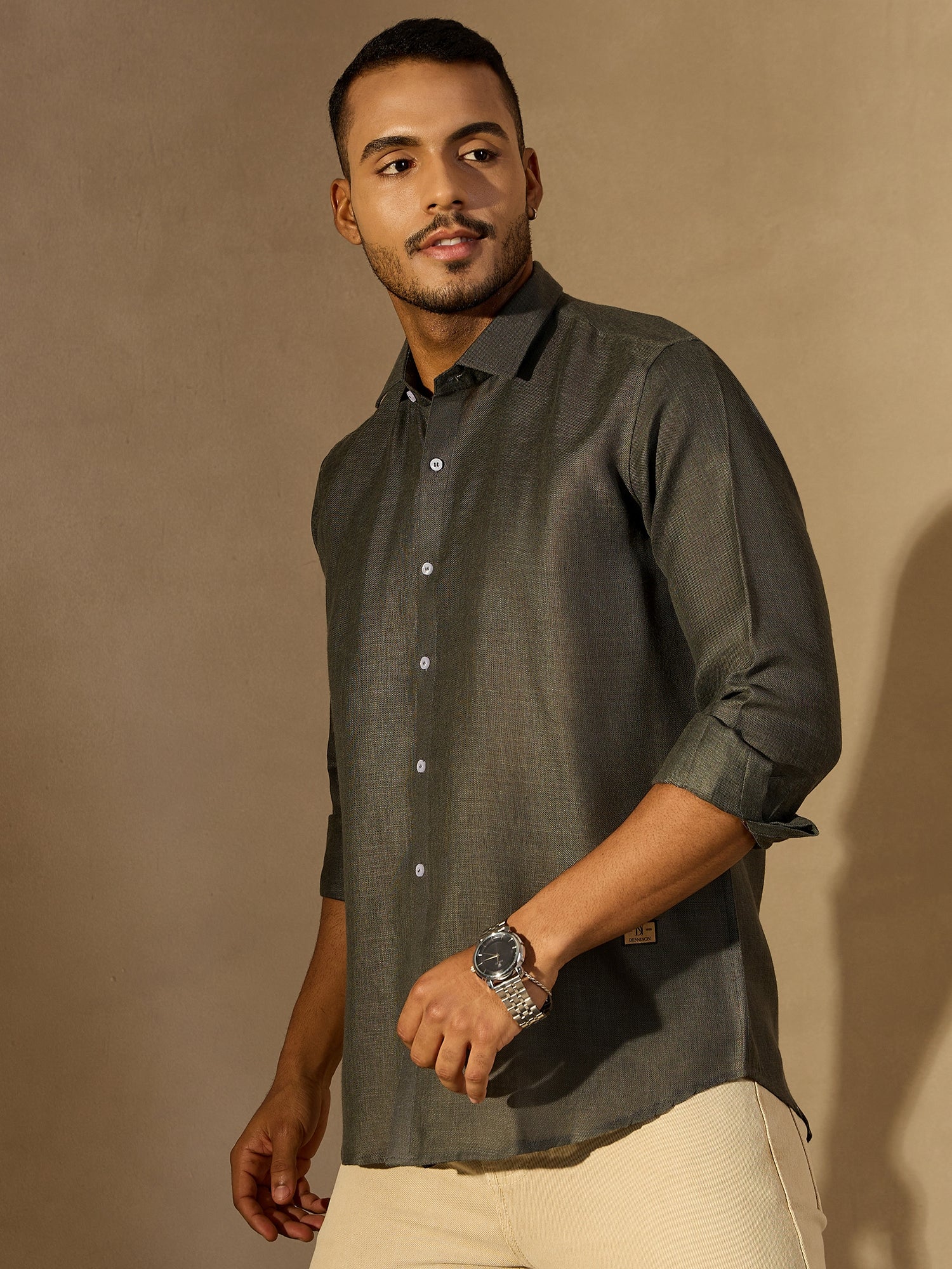 Olive Green Simple Oversized Linen Shirt
