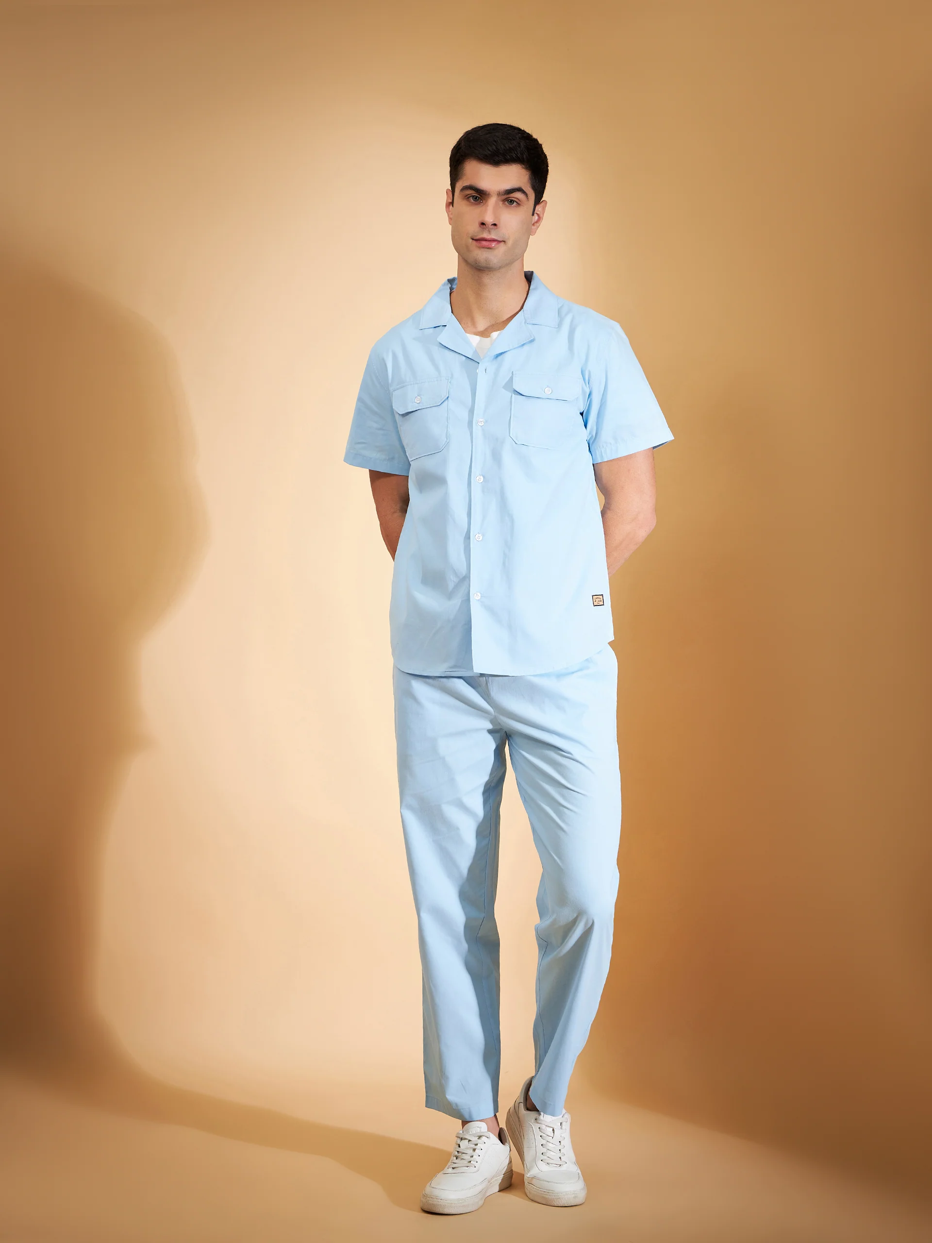 DENNISON Men Sky Blue Coord Set | Solid Shirt With Straight Fit Pant