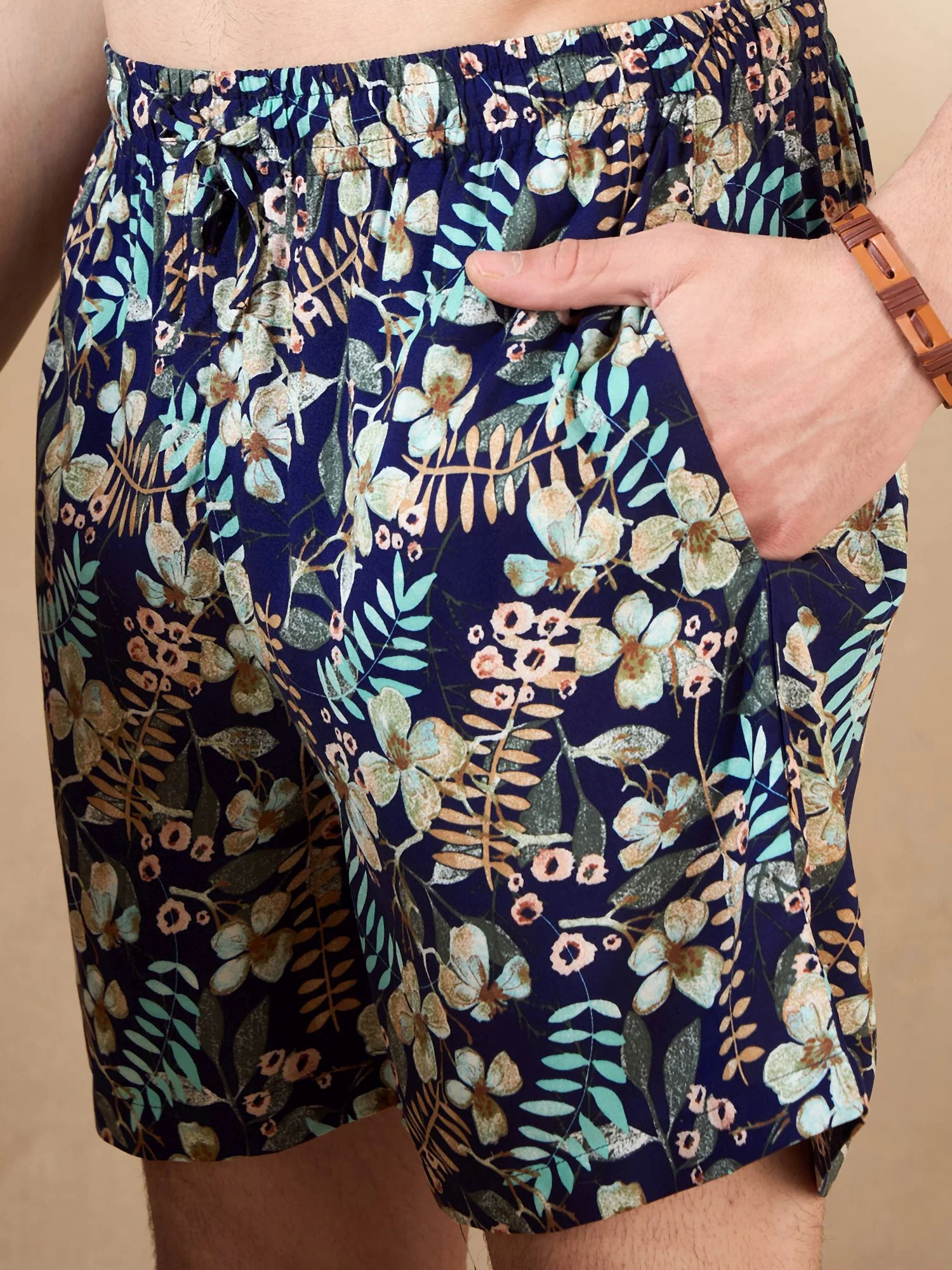 Men's Navy Blue Comfort Fit Coord Set | Printed Shirt With Shorts