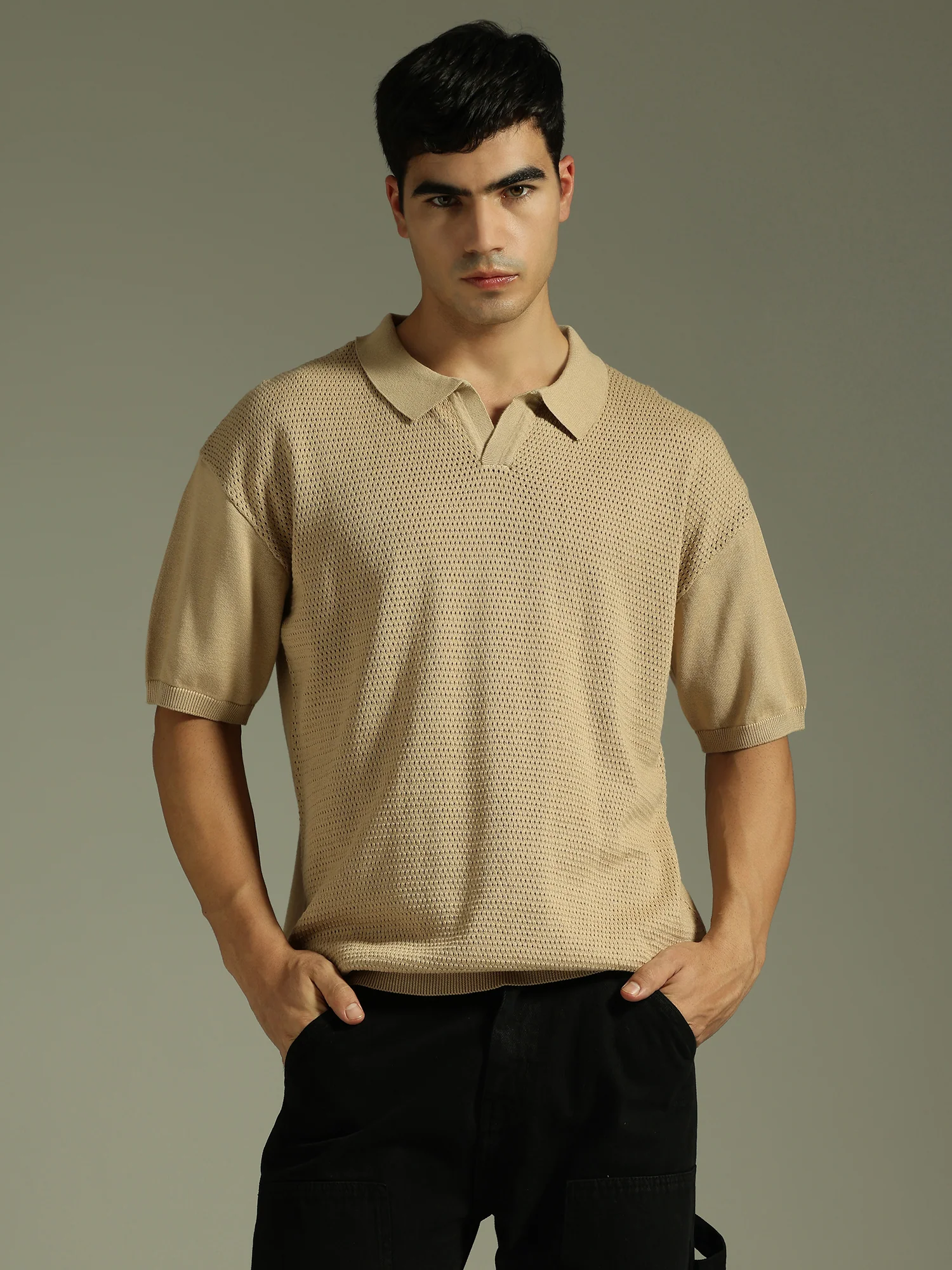 Light Brown: Relaxed Semi Sheer Polo T-Shirt