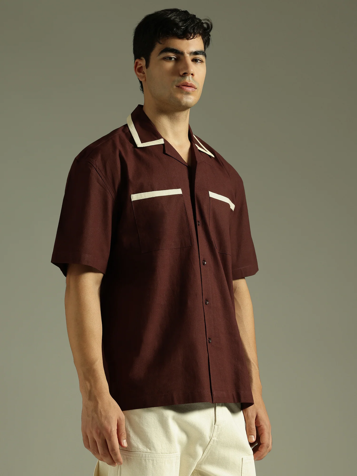 Brown & Cream: Double Pocket Oversized Cotton Shirt